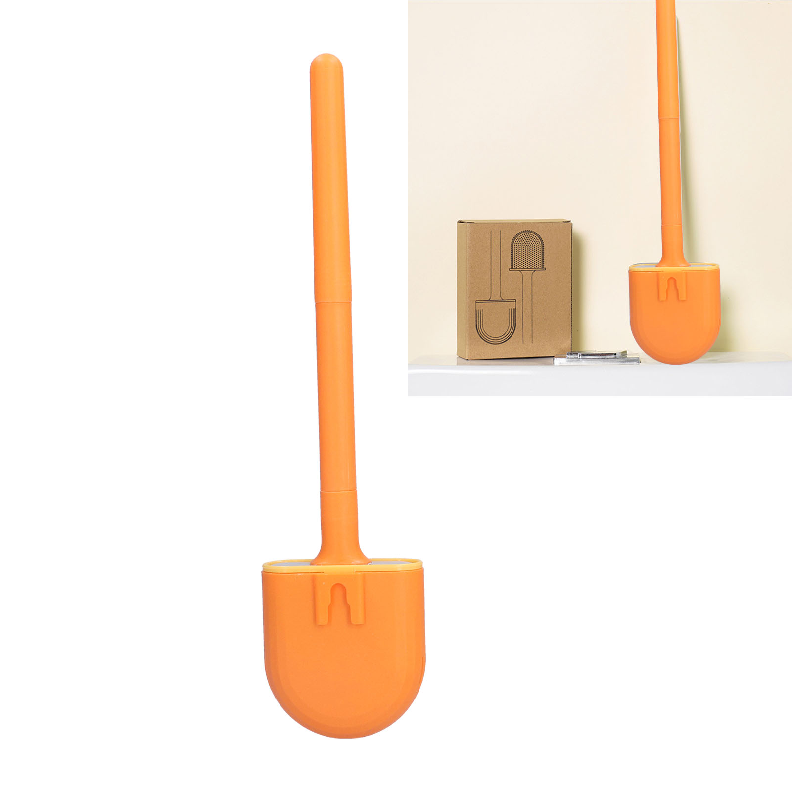 Wandmontierte Toilettenbürste Mit Rundem, Abflussfähigem Sockel, Ohne Tote Winkel, Abnehmbarem Bürstenkopf Und Leuchtend Orangefarbenem Griff.