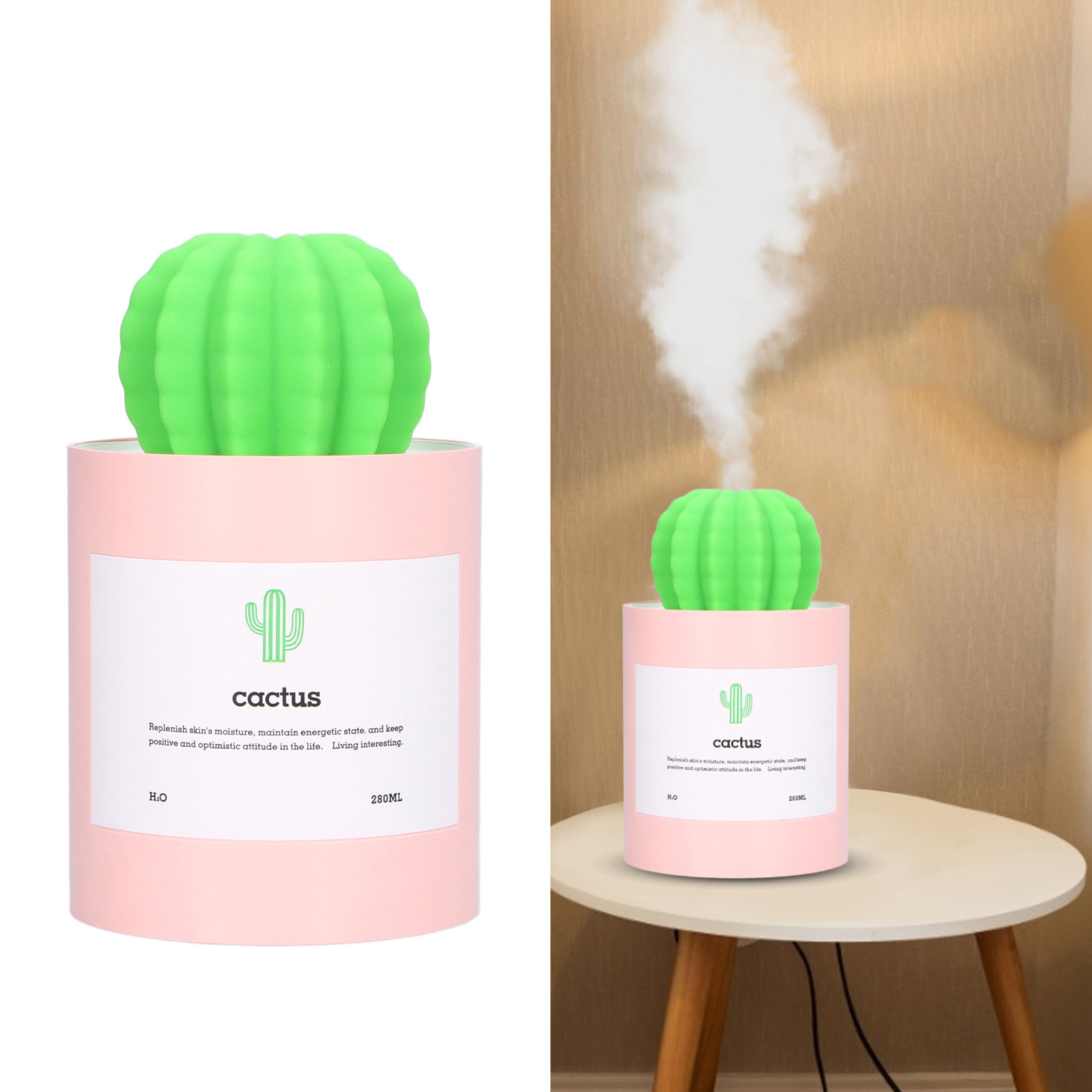 280-ml-tischluftbefeuchter, Kaktus-tischluftbefeuchter, Nano-zerstäubungs-luftbefeuchter, Usb-betrieben, Rosa