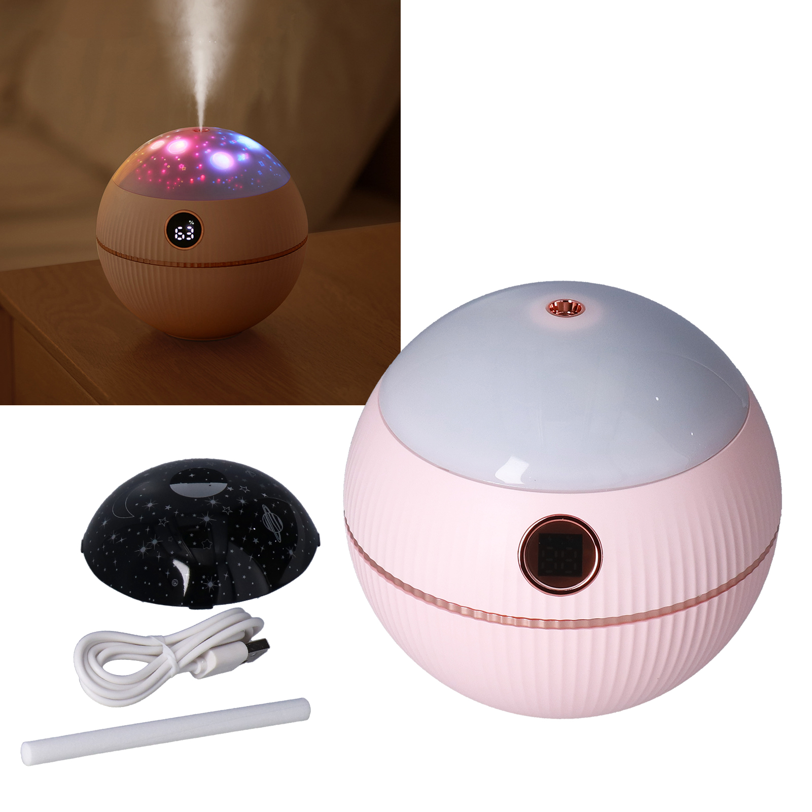 Kugelförmiger Luftbefeuchter (550 Ml) Mit Sternenhimmelprojektion, Mini-luftbefeuchter, Tragbar, Usb-aufladbar, Rosa