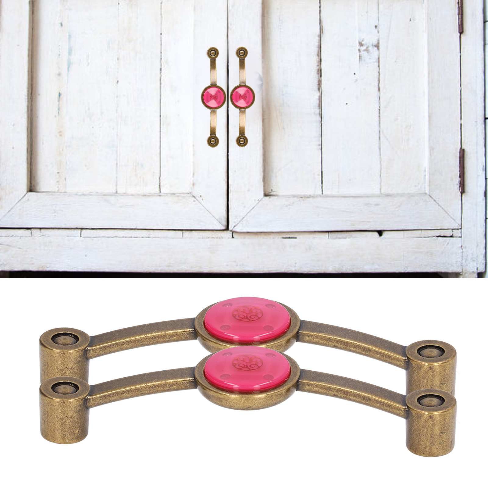 Set Mit 2 Schubladengriffen Aus Antikbronzefarbener Zinklegierung Für Möbel, Im Europäischen Landhausstil, Farbige Acrylgriffe, Rosa