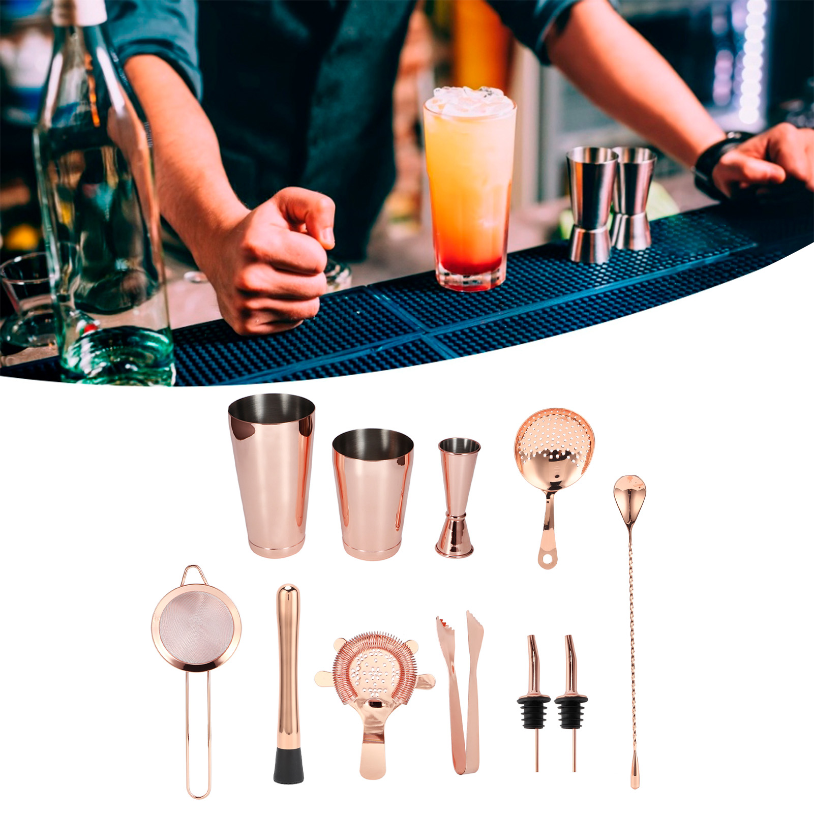 11-teiliges Cocktailset Aus Edelstahl Mit Shaker, Sieb Und Roségoldenem Sieb