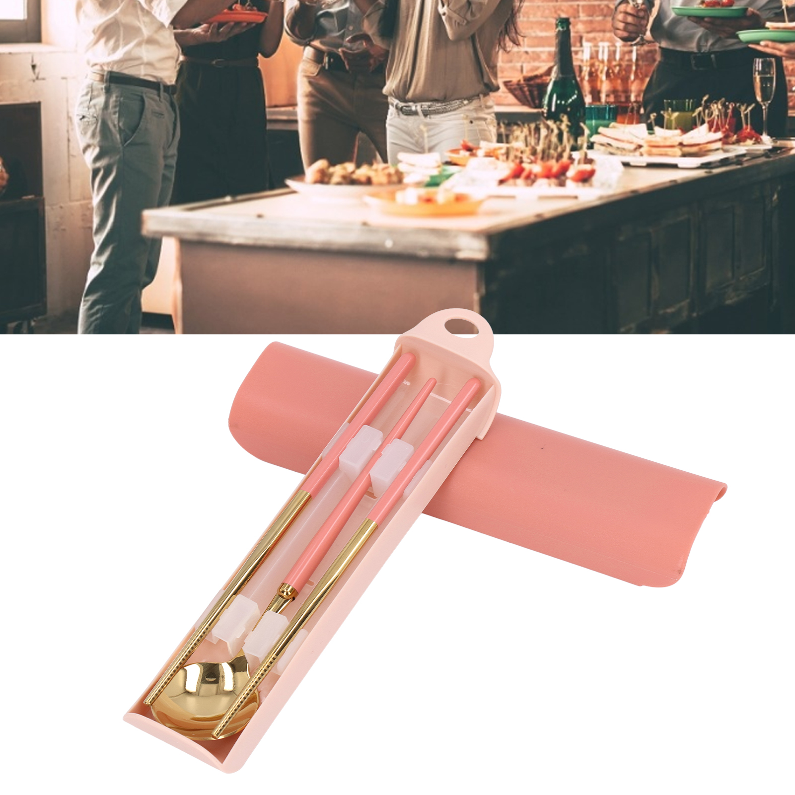 Tragbares Edelstahl-besteckset, Aufbewahrungsbox Für Essstäbchen, Reiselöffelset, Einzelset, Roségold.