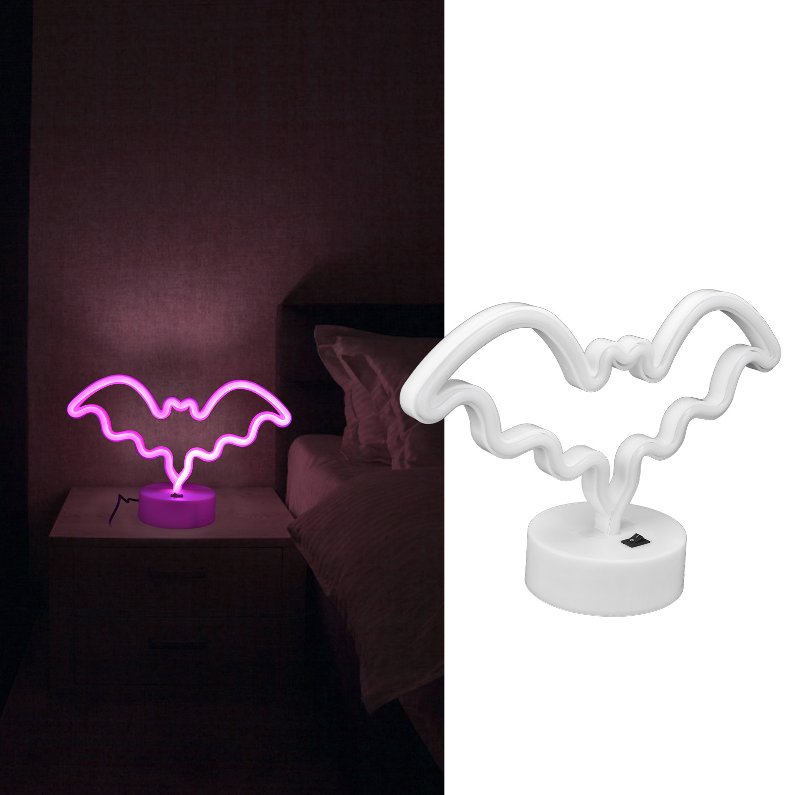Neon-led-tischlampe Für Schlafzimmer, Bar, Partydekoration, Nachtlicht, Betrieb Über Usb Oder Batterien, Mit Sockel, Fledermausförmiges Design.
