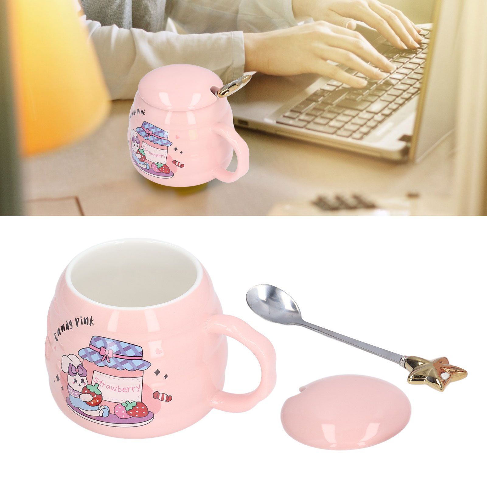 Niedliche Keramik-kaffeetasse, Bürotasse, Geschenk Mit Deckel Und Löffel, Erdbeermuster