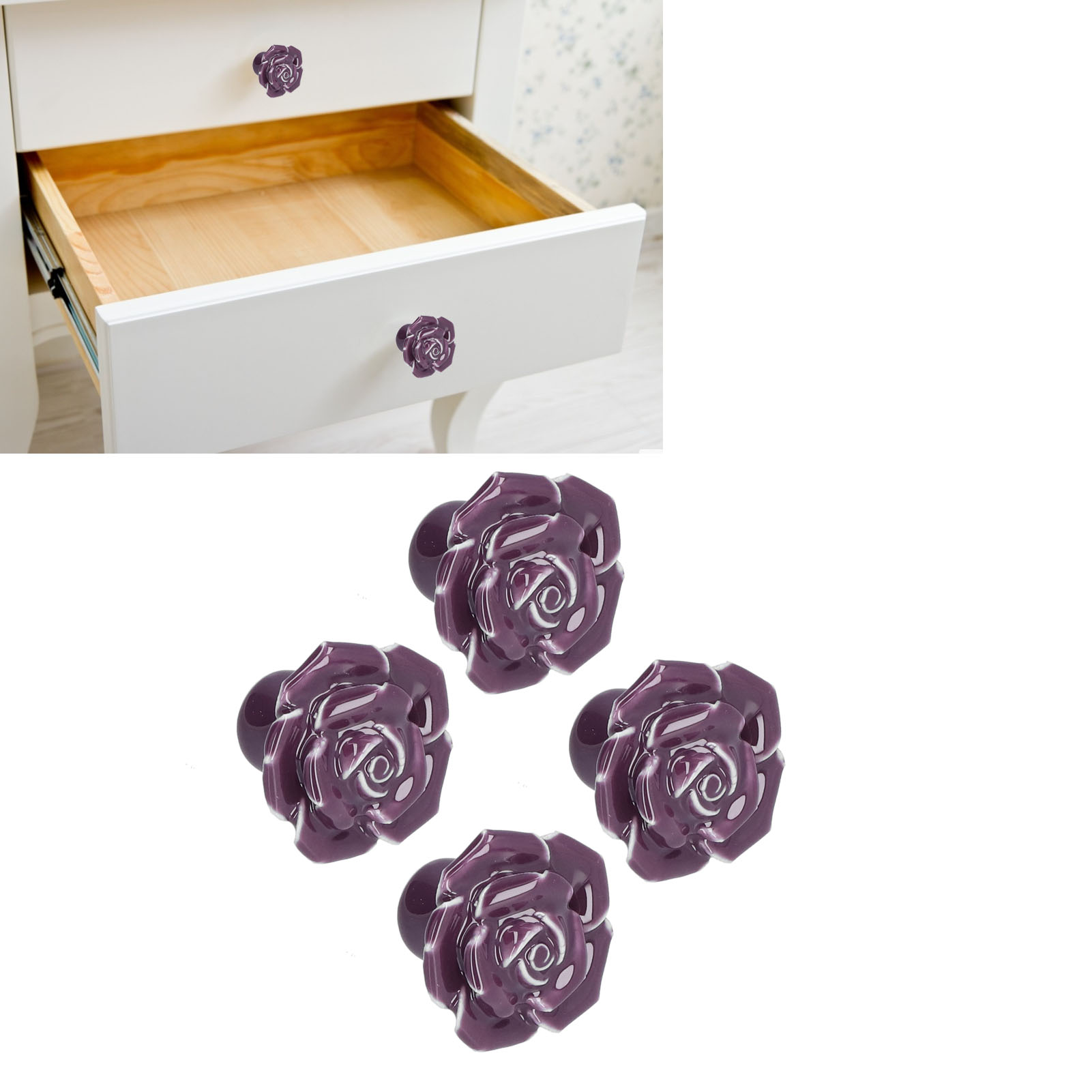 4 Lose Verkauft, Jedes Bestehend Aus Keramikgriffen Mit Rosenmotiven Für Schränke Und Kleiderschränke, Handgeformter Cartoon-stil, Moderner Europäischer Minimalistischer Stil, Lila.