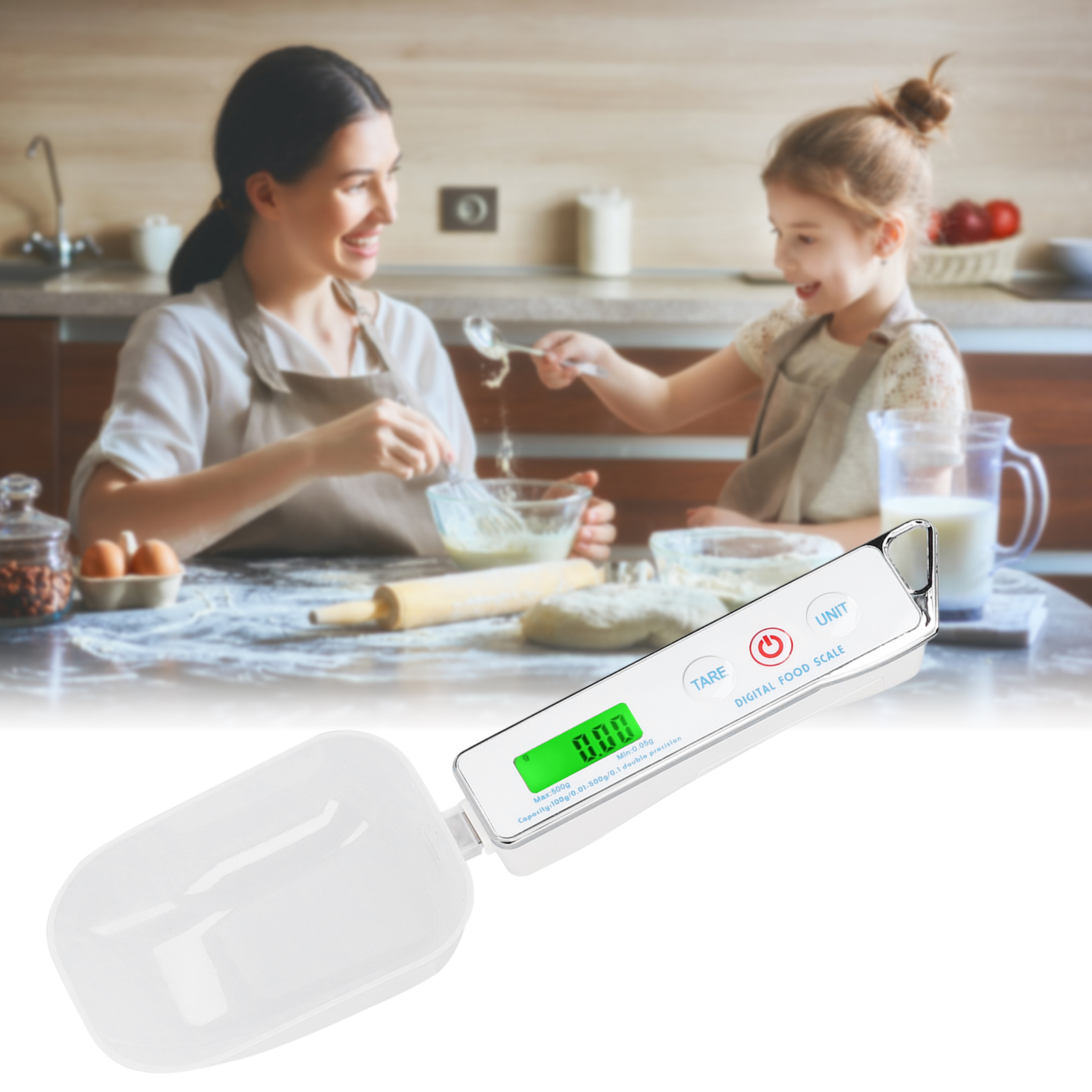 Elektronische Haushaltswaage Mit Doppellöffel, 500g/0,1g Löffeln, Zutatenwaage, Umschaltbar Zwischen Großen Und Kleinen Löffeln, Weiß.
