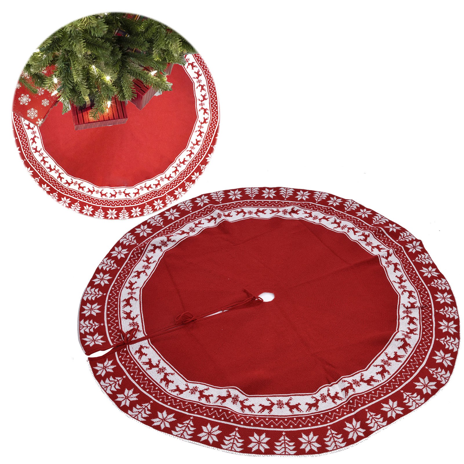 Weihnachtsdekoration, Gestrickte Acryl-weihnachtsbaumdecke Mit Schneeflockenmuster, Baumfußdekoration, Baumschürze, Rot.