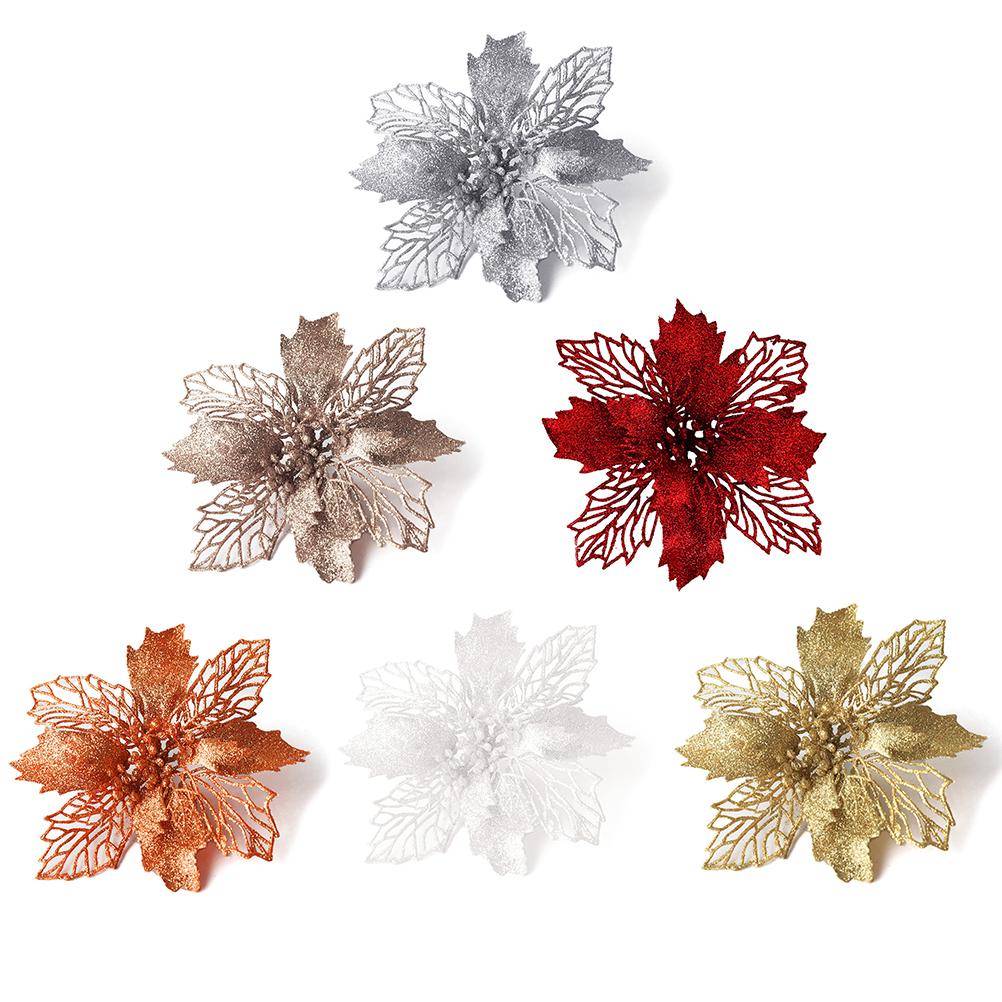Set Mit 10 Weihnachtsdekorationen, Glitzernden Blumen, Durchbrochenen Blättern, Bastelzubehör, Leuchtend Rot, 11 Cm