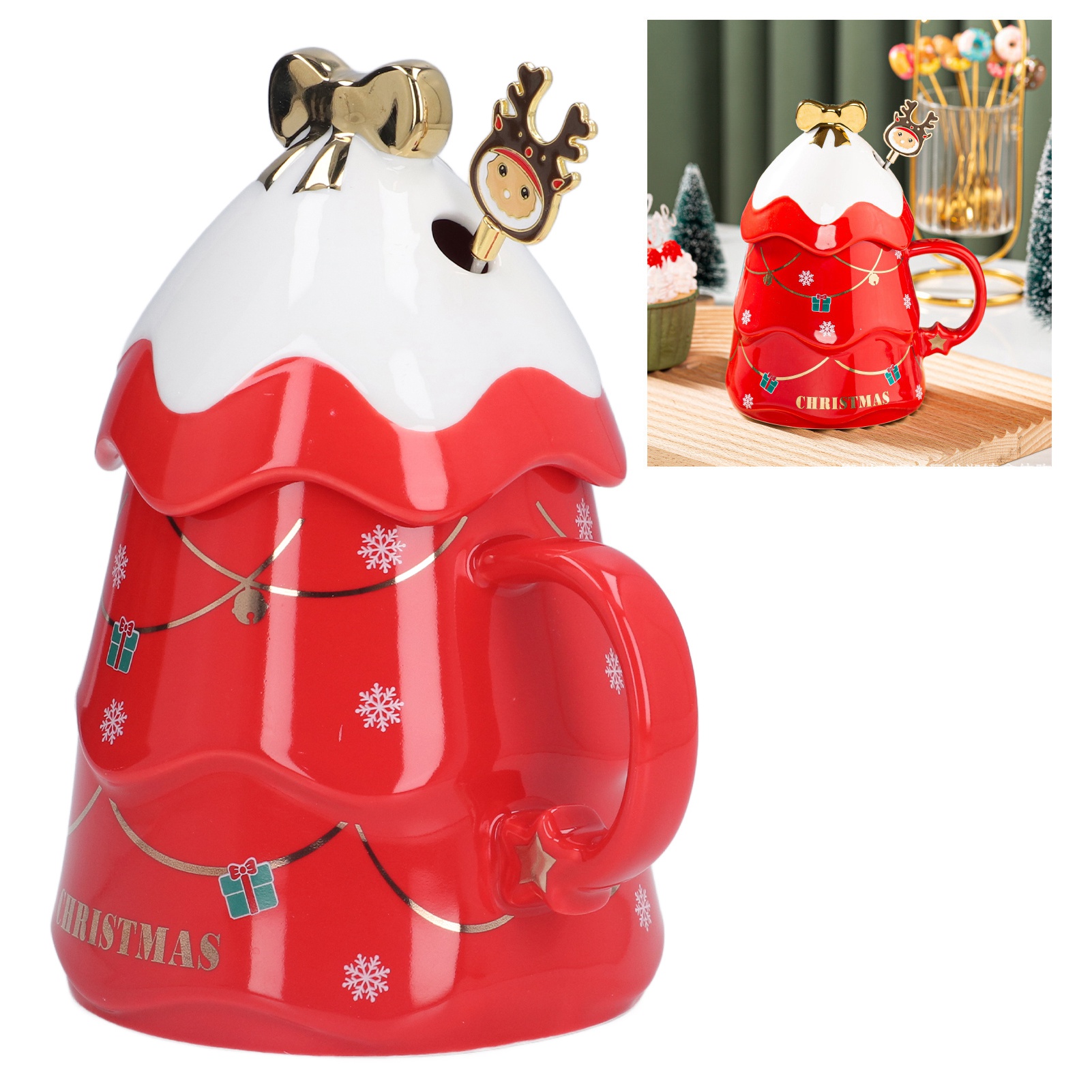 Weihnachtsgeschenk: Keramikbecher, Kreativer, Weihnachtsbaumförmiger Becher Mit Deckel Und Löffel, Kaffeebecher-geschenkset Für Zuhause, Roter Keramikbecher In Weihnachtsbaumform Mit Deckel Und Löffel