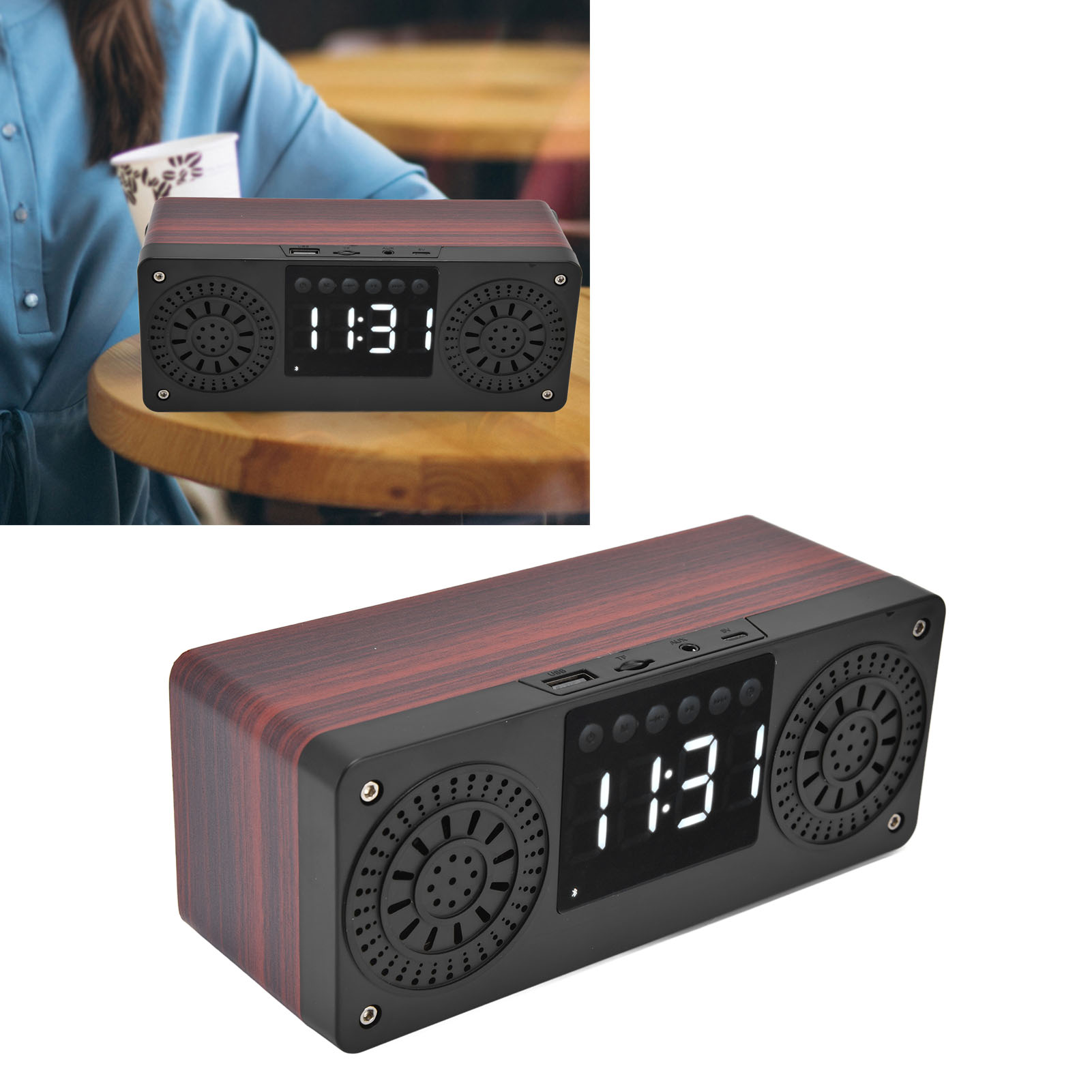 Holzlautsprecher Mit Zwei Lautsprechern, Bluetooth-subwoofer, Digitaluhr, 360°-surround-sound, Usb-ladeanschluss, Rot.