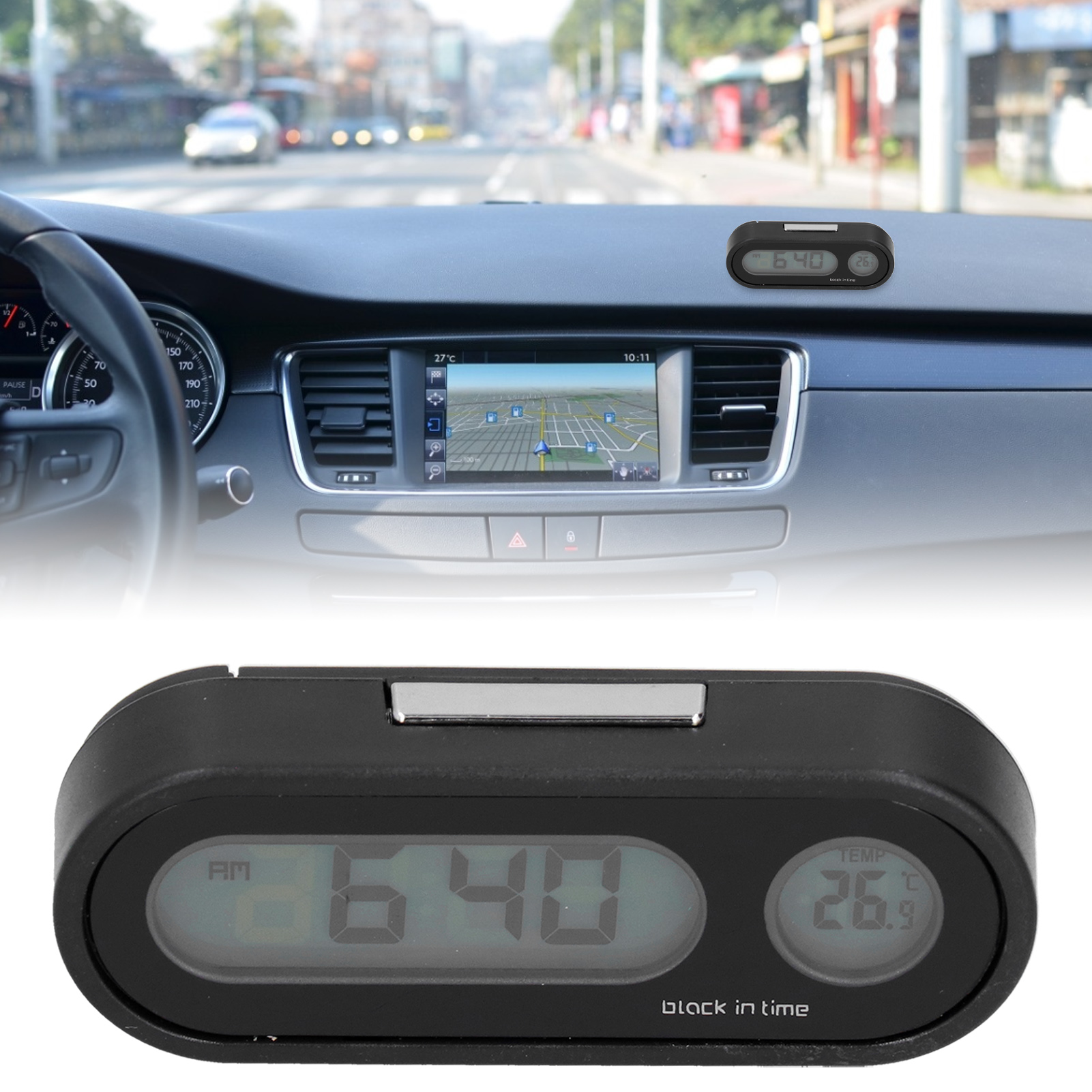 Mini-autouhr Mit Beleuchtung, Elektronische Borduhr, Zeitanzeige, Hintergrundbeleuchtetes Thermometer, Belüftung.