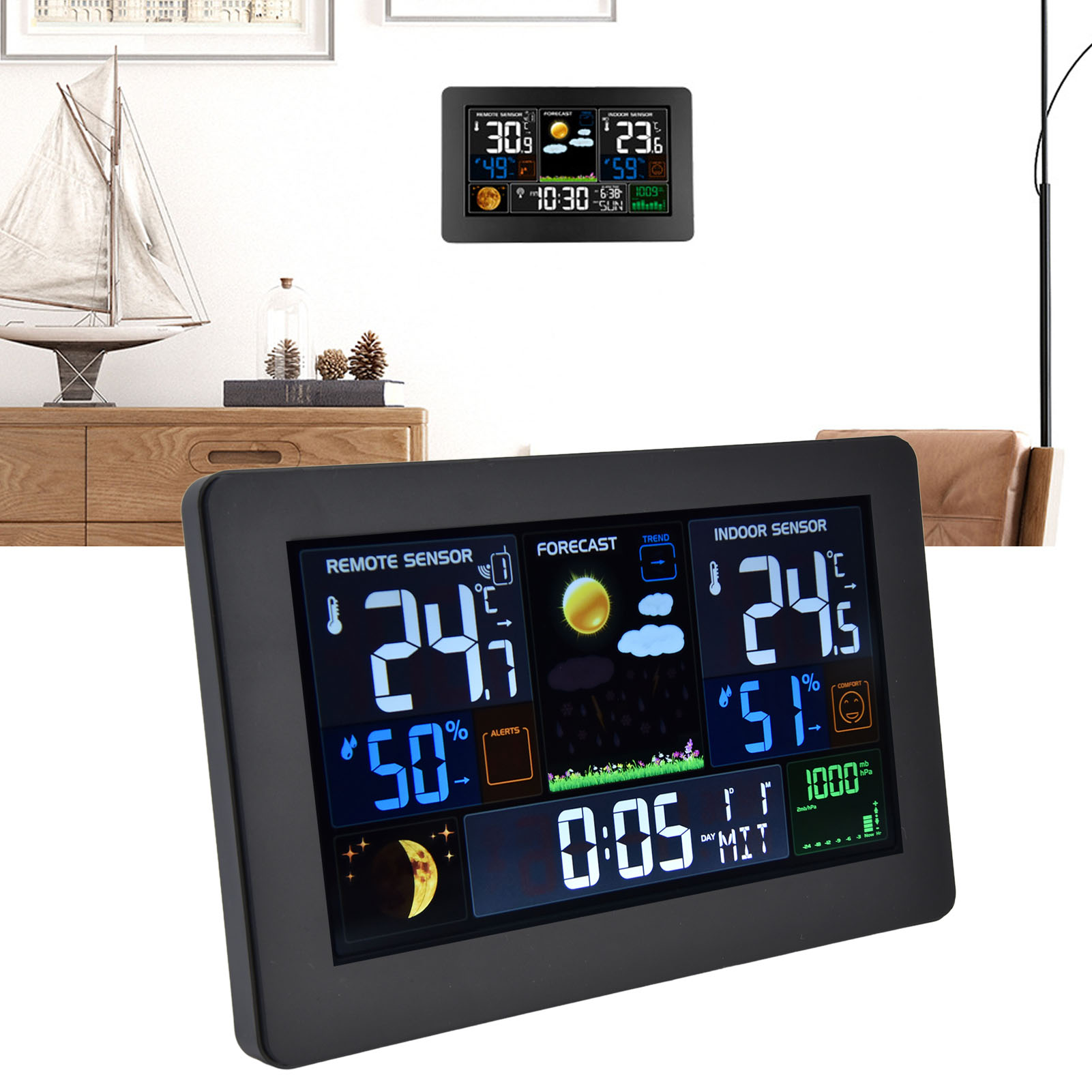 Großflächiges Wandthermometer Und Hygrometer Für Den Innen- Und Außenbereich 3378b (100-240 V), Funkgesteuerte Wetterstation, Multifunktionale Farbwetteruhr (us-standard)