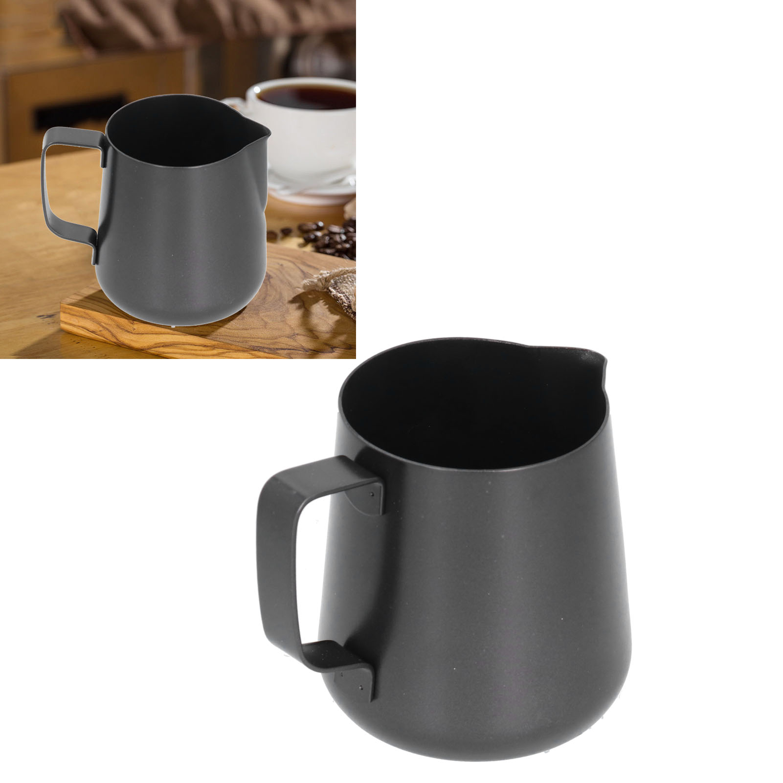 Dickwandiger, Schwarzer Edelstahlbecher Für Latte Art Mit Spitzem Ausguss, 350 Ml