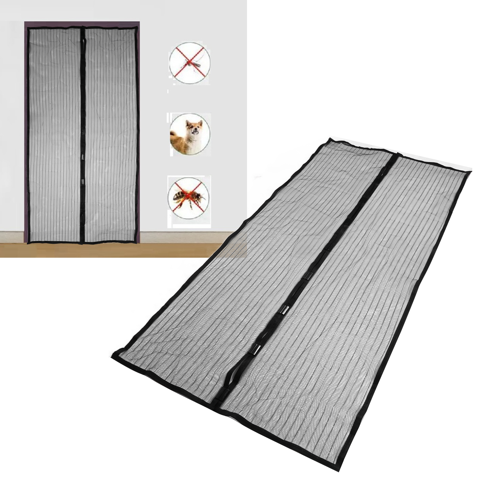 Magnetischer Türvorhang Aus Weichem Netzgewebe Mit Vertikalen Streifen Zum Abwehren Von Mücken Und Fliegen, Schwarz.