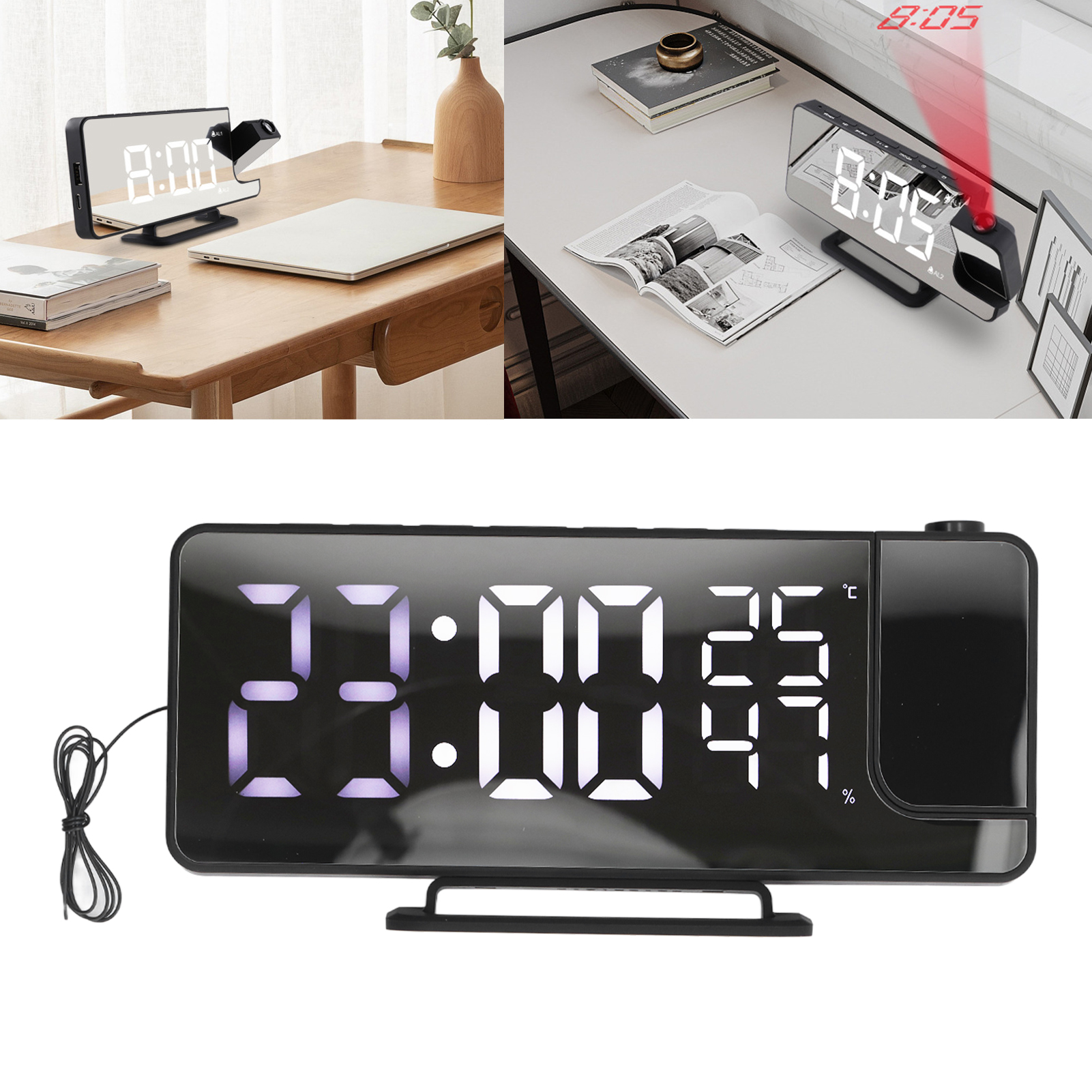 Projektorwecker, Radio, Temperatur- Und Feuchtigkeitsanzeige, Wiederaufladbar, Automatischer Lichtsensor, Sechs Helligkeitsstufen, Elektronischer Wecker Für Den Nachttisch.