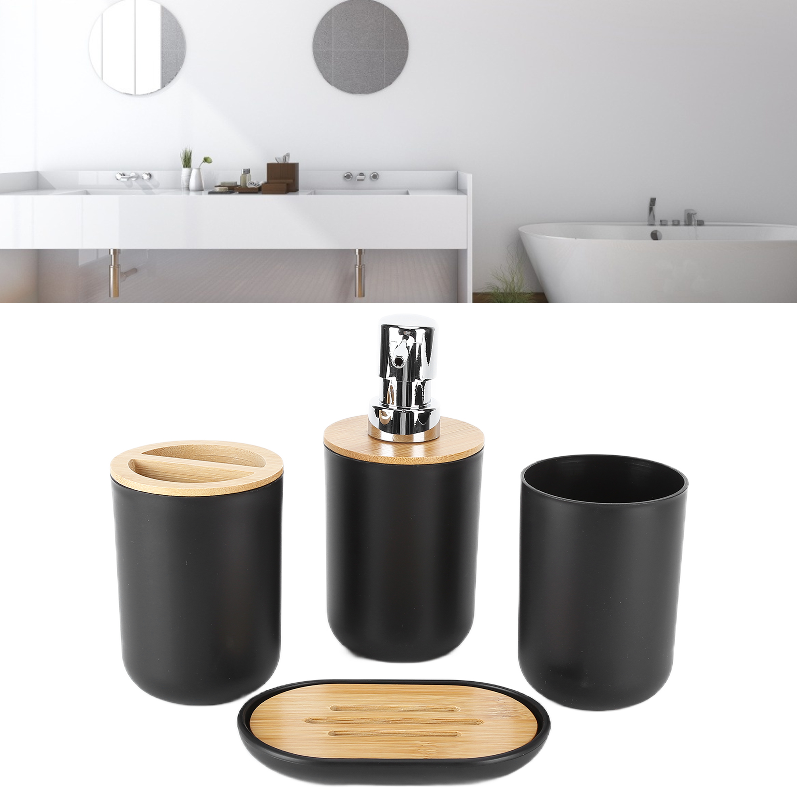 4-teiliges Hotelbadezimmer-set, Nordisches Bambus-badezimmer-set, Bambus-toilettenartikel, Kunststoff-zahnbürste, Schwarz.