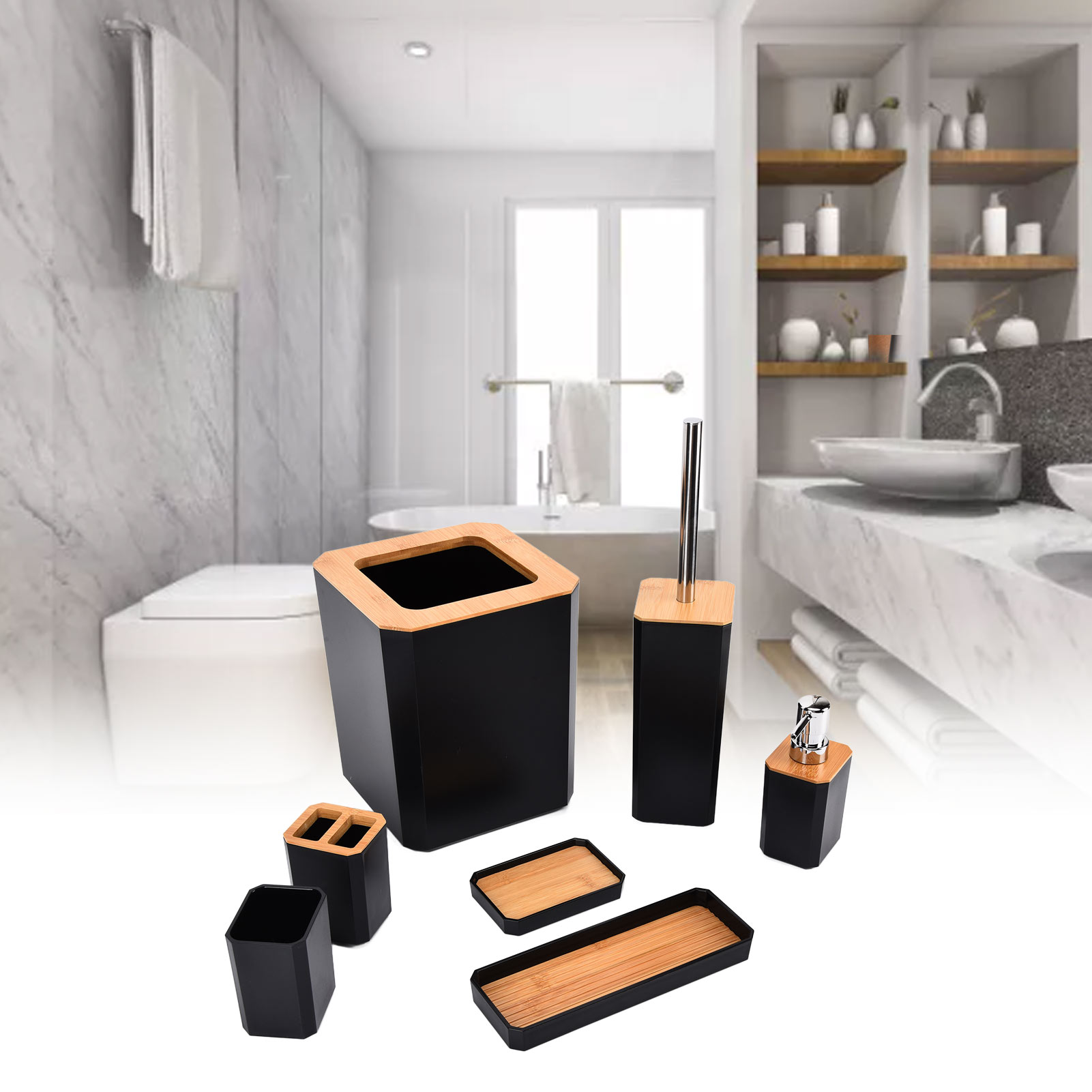7-teiliges Badezimmer-set Aus Bambus Und Holz, Inklusive Abfalleimer Und Toilettenartikeln, Schwarz