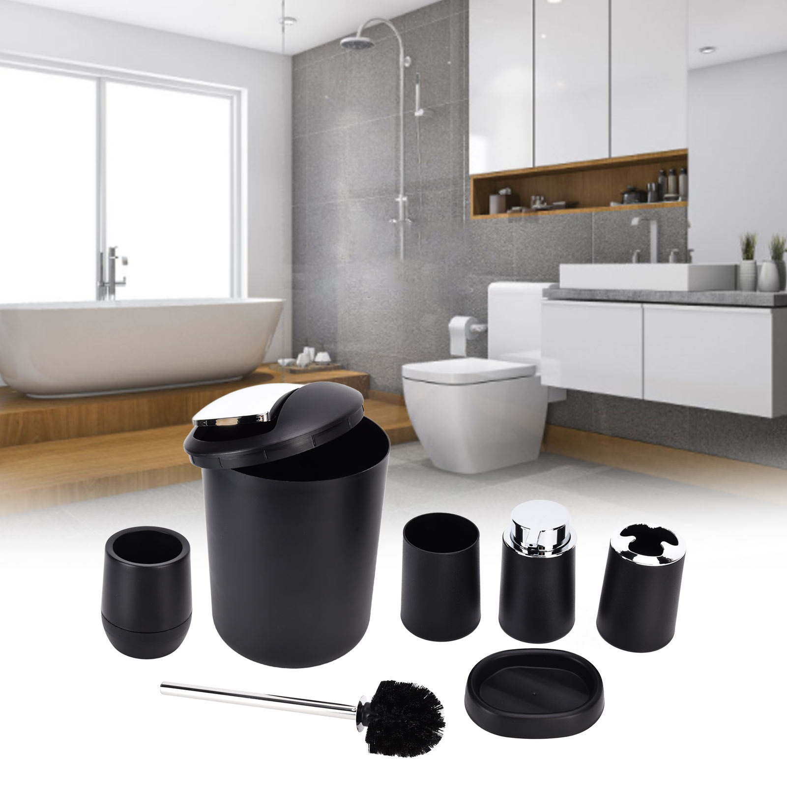 Sechsteiliges Badezimmer-set, Hotelbadezimmeraccessoires, Galvanisierter Abfalleimer Mit Deckel, Zahnbürste, Becher, Seifenschale, Toilettenartikel-set, Schwarz.
