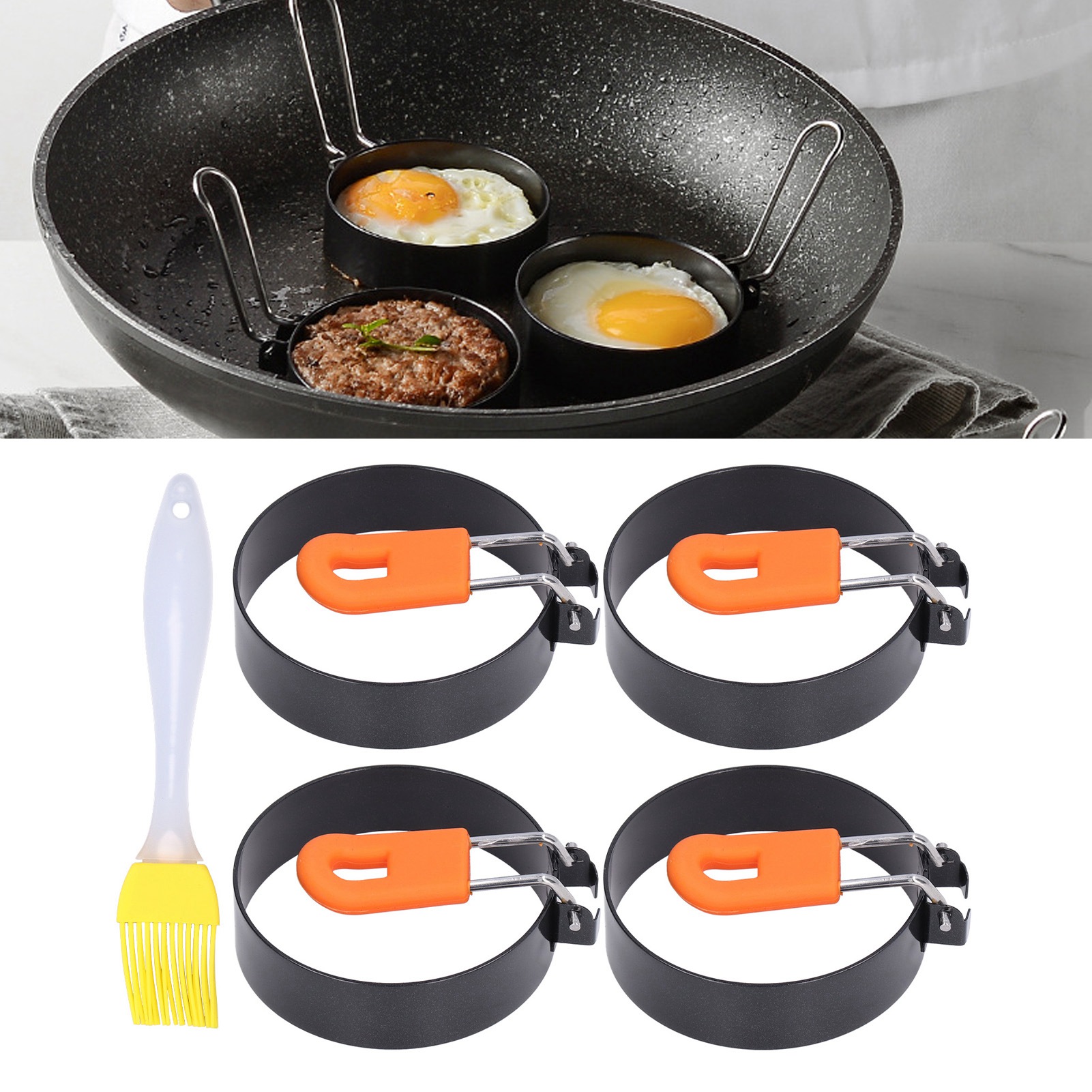 Set Aus Dicken, Runden Eierformen Mit Antihaftbeschichtung, Bestehend Aus Einem Eierring, Einer Eierform Und Einer Hamburgerform.