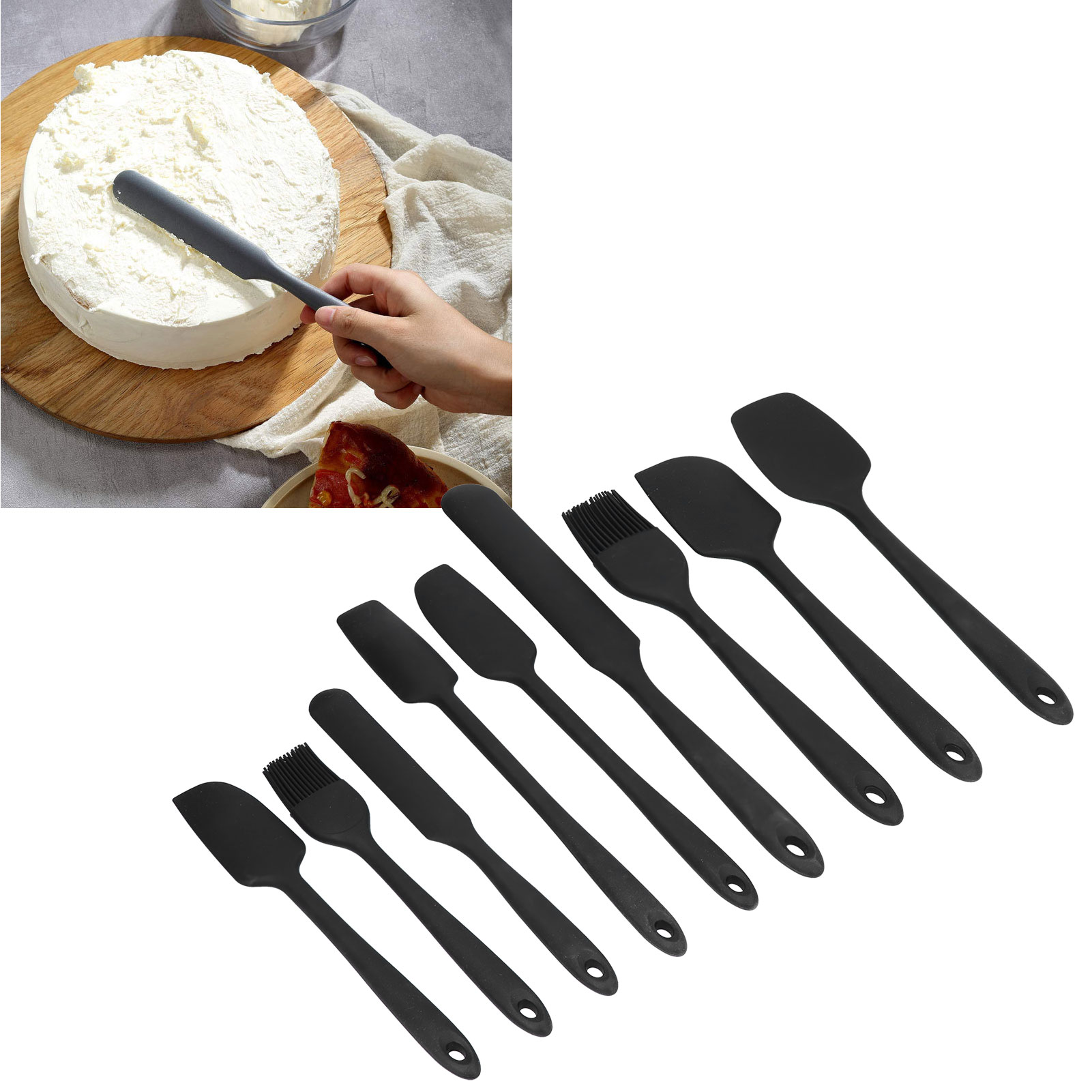 Set Aus 9 Küchenutensilien Aus Silikon, Darunter Ein Butterspatel, Ein Marmeladenspatel Und Ein Kuchenspatel.