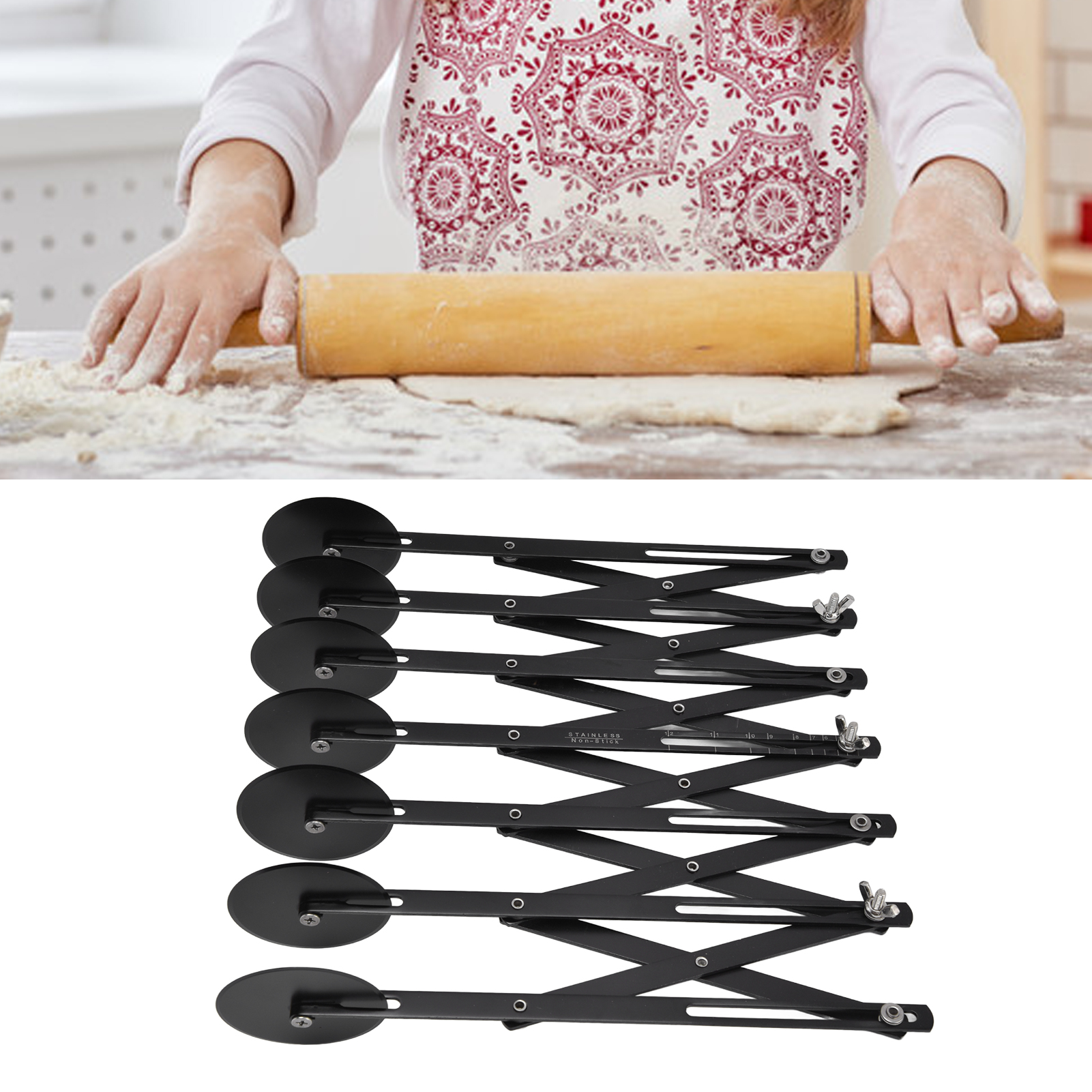 Schwarzer Teigschneider Für Frittierkrusten, Krustenschneider, Pizzaschneider Aus Edelstahl, Teigschneider Mit Mehreren Rädern, Teigroller, Kochmesser, Oberflächenmesser, Teigschneider Mit 7 Rädern.