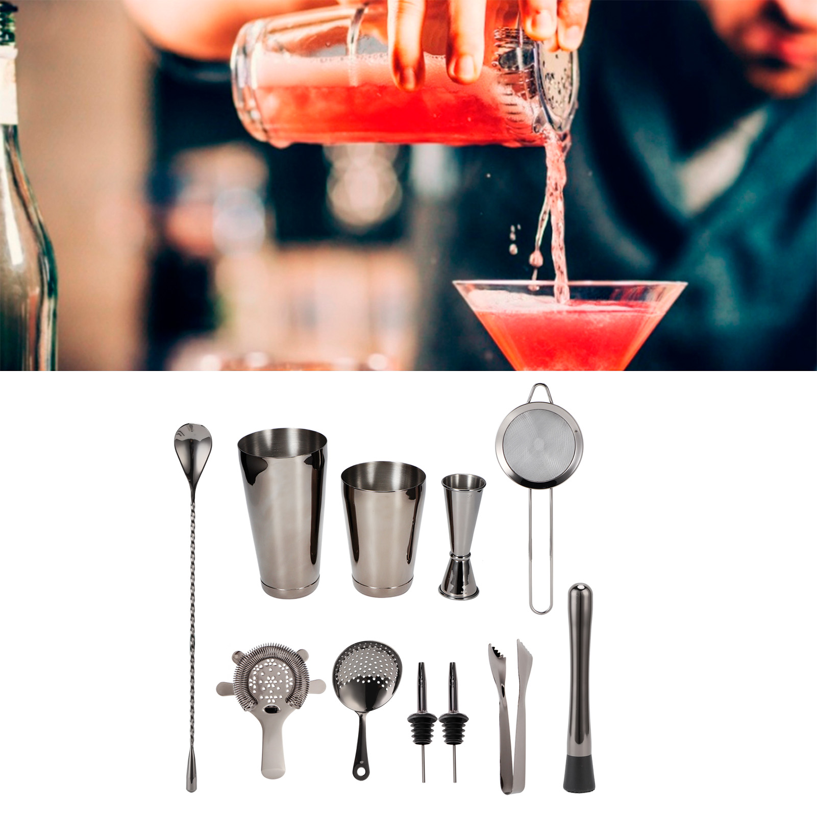 11-teiliges Cocktailset Aus Edelstahl, Bestehend Aus Shaker, Barsieb Und Absaugpistole, Schwarz