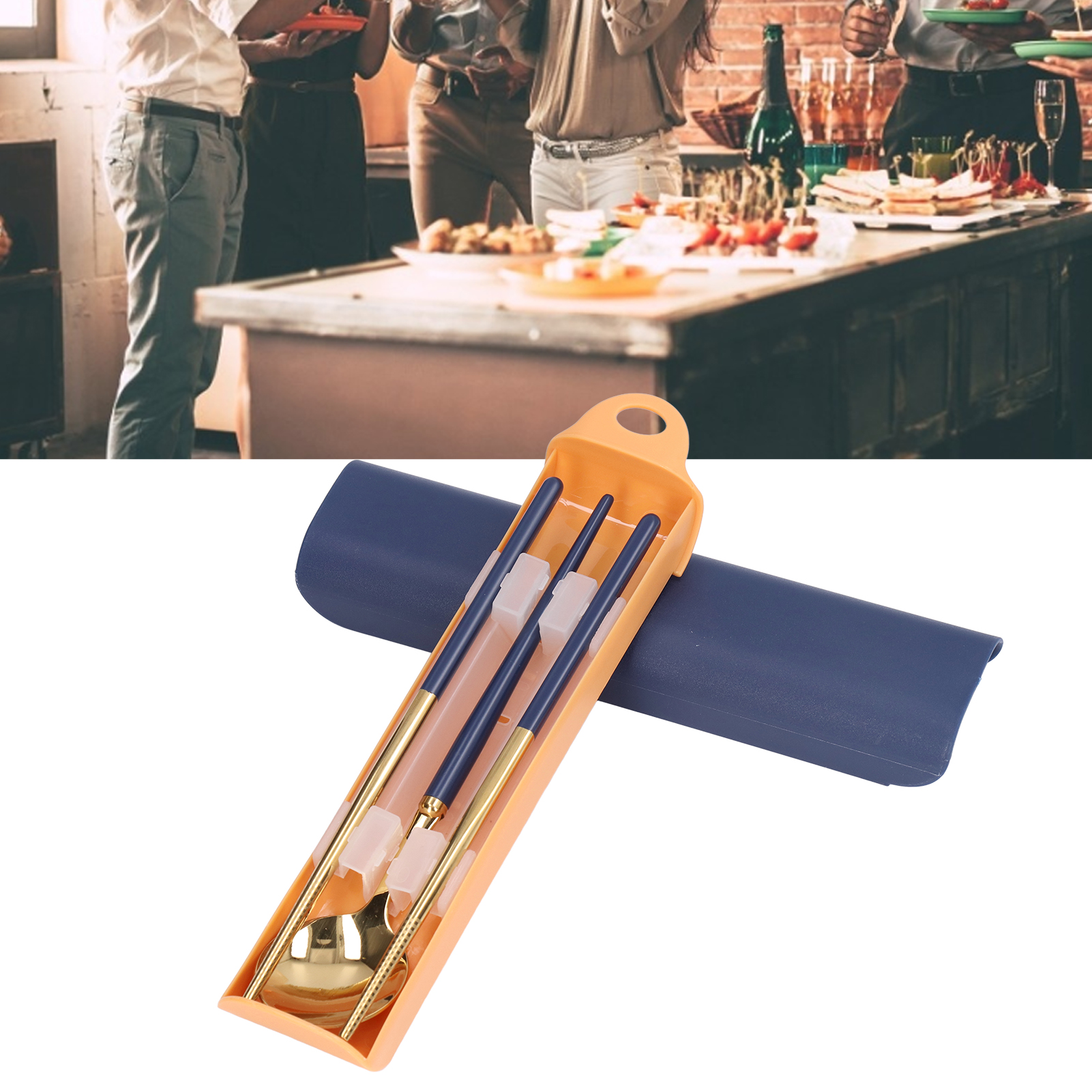 Tragbares Besteckset Aus Edelstahl, Aufbewahrungsbox Für Essstäbchen, Reiselöffelset, Einzelset, Dunkelblau Und Gold.