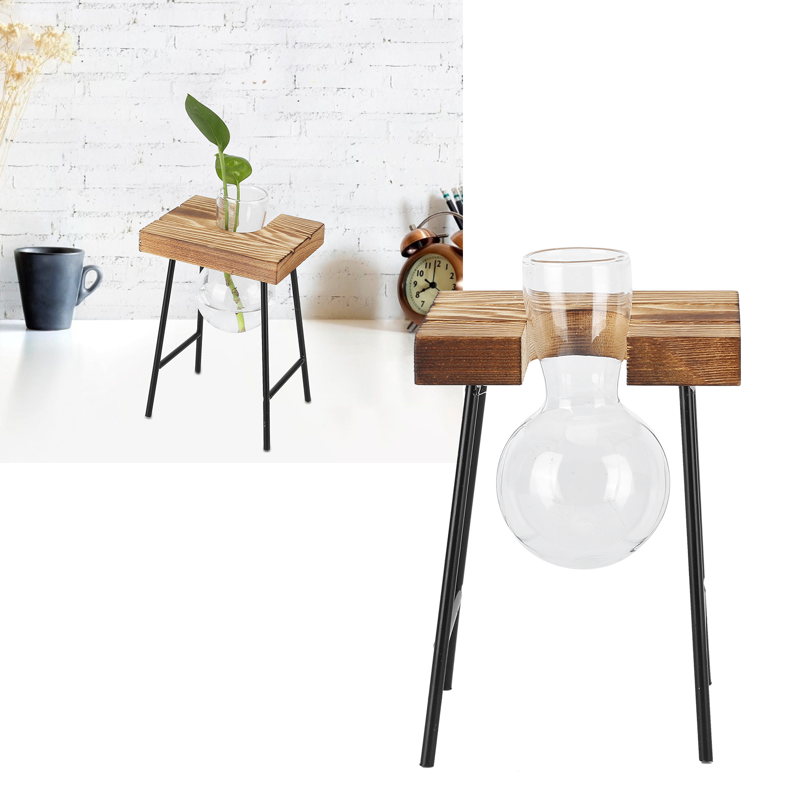 Kleiner Hocker, Hölzerner Tischständer, Glasvase Für Hydrokultur, Holzständer, Hydrokultur-schreibtischdekoration, Frisches Und Schlichtes Schreibtischaccessoire, Pflanze Aus Klarglas, Efeutute Fürs W