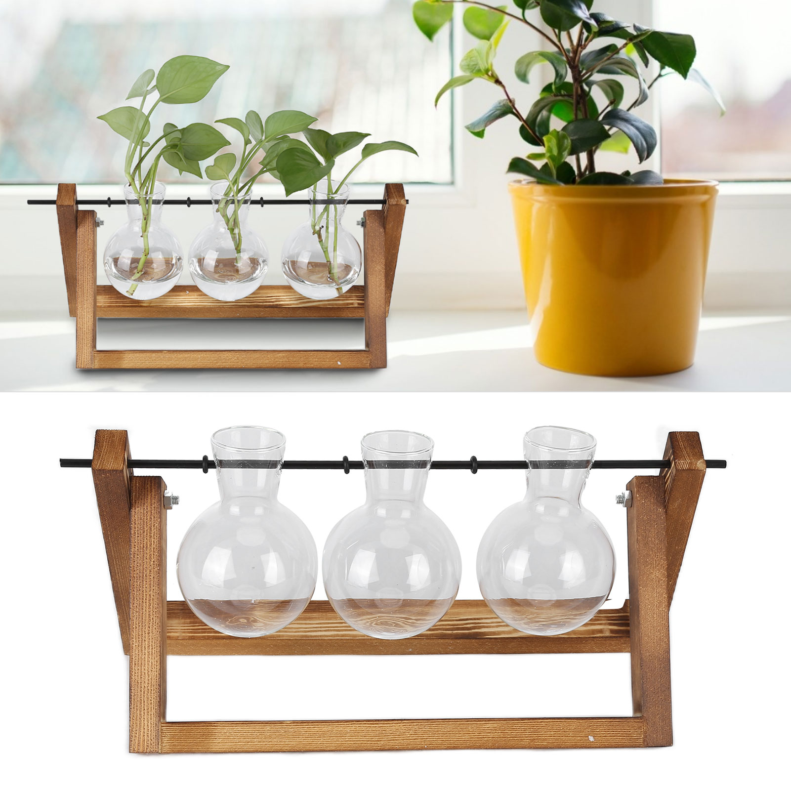 Kreativer, Transparenter Holzständer Für Hydrokulturpflanzen, Tischvase, Frisches Und Schlichtes Gefäß, Moderne Wohnzimmerdekoration, Retro-ständer + Drei Flaschen