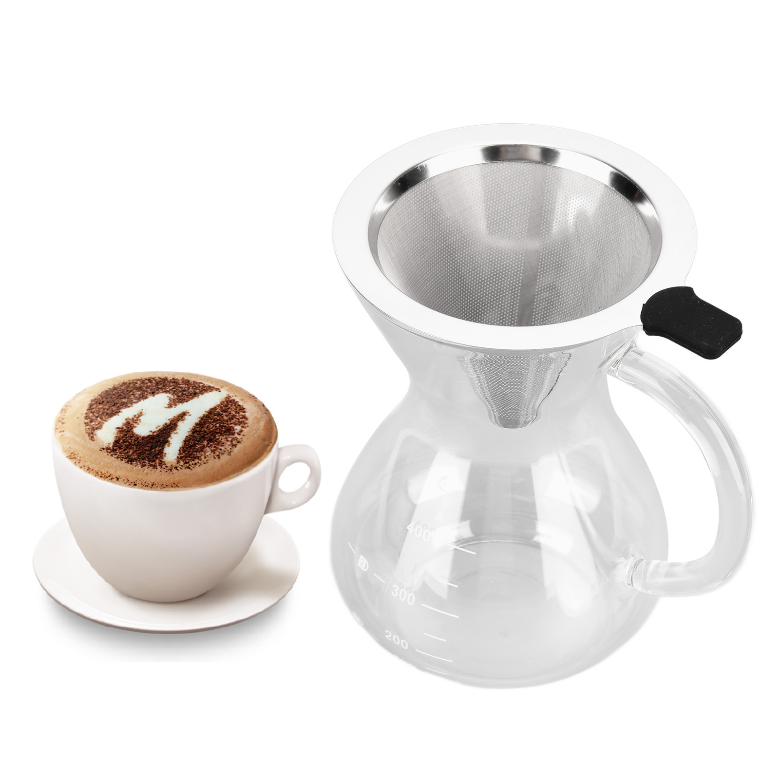 400 Ml Glaskaffeekanne Mit Griff, Hitzebeständig, Inklusive Trichter Und Edelstahlfilter, Runder Boden Zum Ausgießen Des Kaffees.