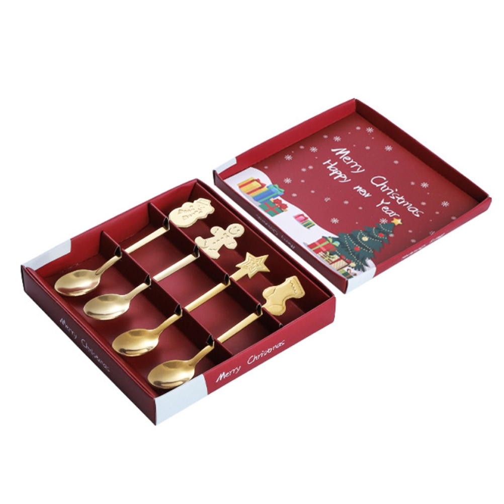 Set Aus 4 Goldenen Edelstahl-weihnachtslöffeln, Für Kuchen, Desserts, Eis Und Kaffee.