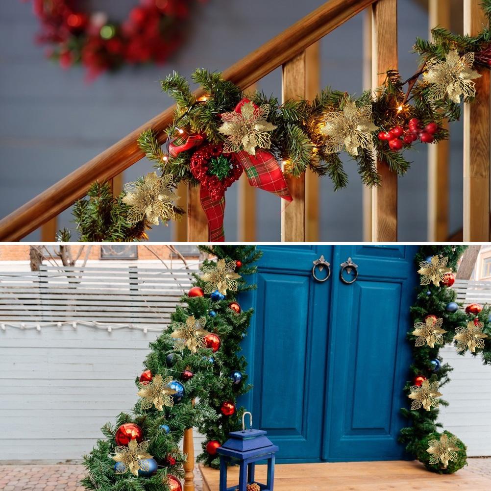 10 Weihnachtliche Dekorationselemente, Glitzernde Blumen, Durchbrochene Blätter, Bastelzubehör, Gold, 11 Cm