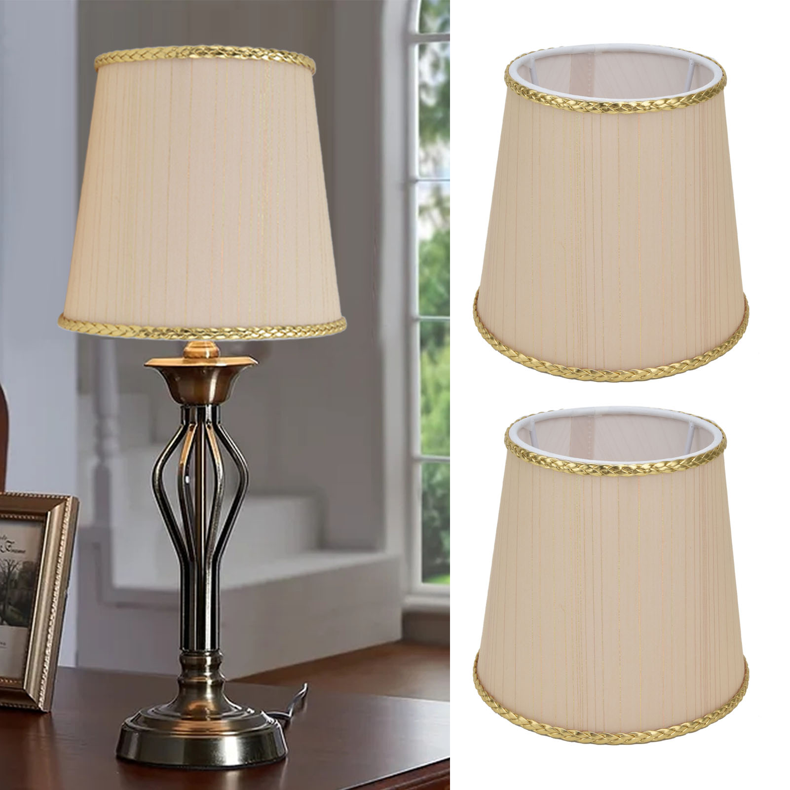 Lampenschirm Aus Stoff, Europäischer Minimalistischer Stil, Beige Mit Goldenem Rand, Geeignet Für Lampen Mit E14-schraubsockel, Stehlampen, Tischlampen, Pendelleuchten Und Wandleuchten.