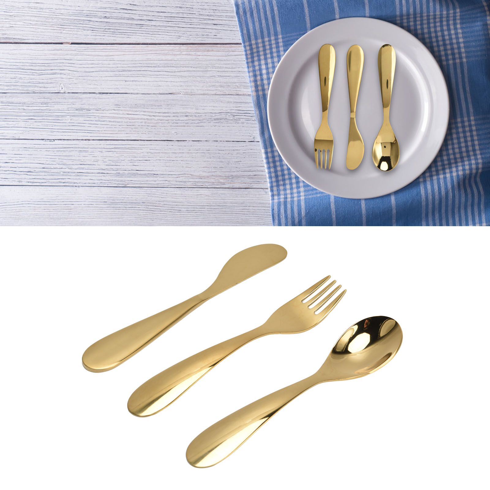 Dreiteiliges Kinderbesteckset Aus Edelstahl (messer, Gabel Und Löffel) - Unifarben - Goldfarben - Art.-nr. C322