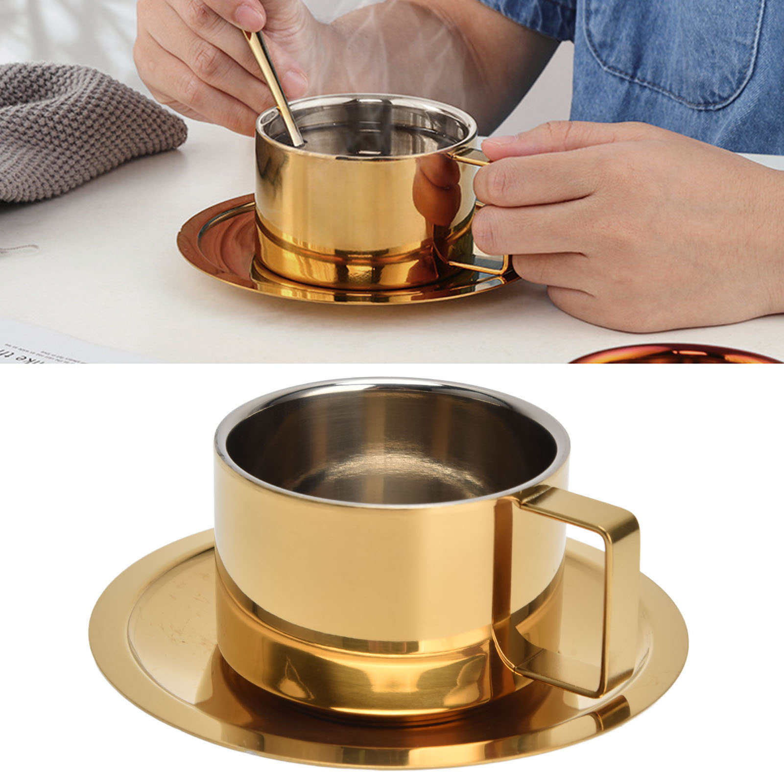 Kaffeebecher Aus Edelstahl 304 Mit Untertasse, Schlichtes Design Für Drinnen Und Draußen, 200 Ml, Goldfarben