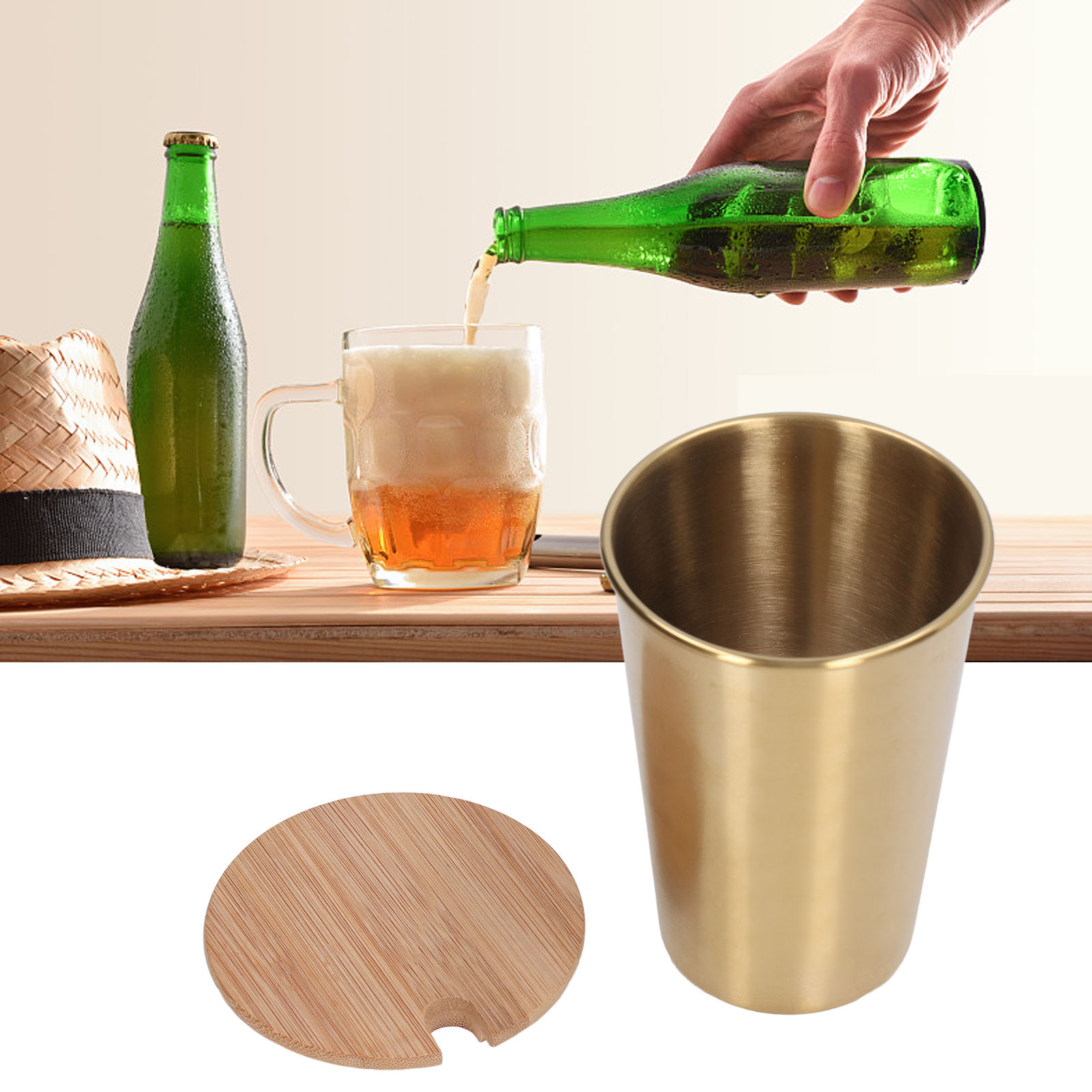 500-ml-bierkrug Aus Edelstahl Mit Deckel, Einwandige Wasserflasche, Thermoskanne, Weinglas, Trinkglas, Gold