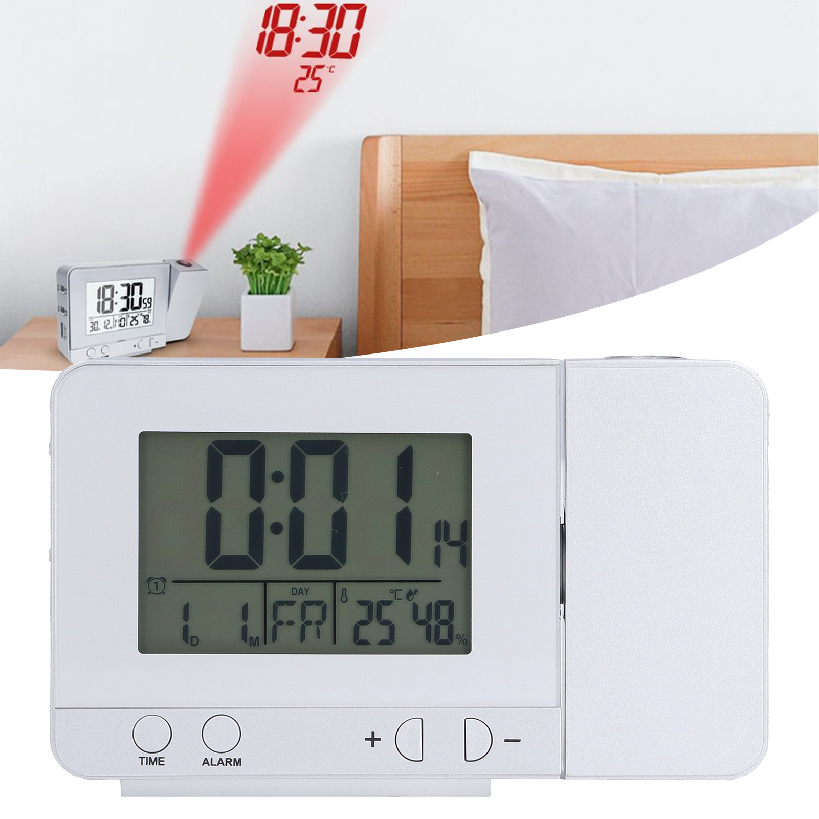 Silberner Projektionswecker 3531 Mit Led-anzeige Für Uhrzeit Und Temperatur, Usb-aufladbar