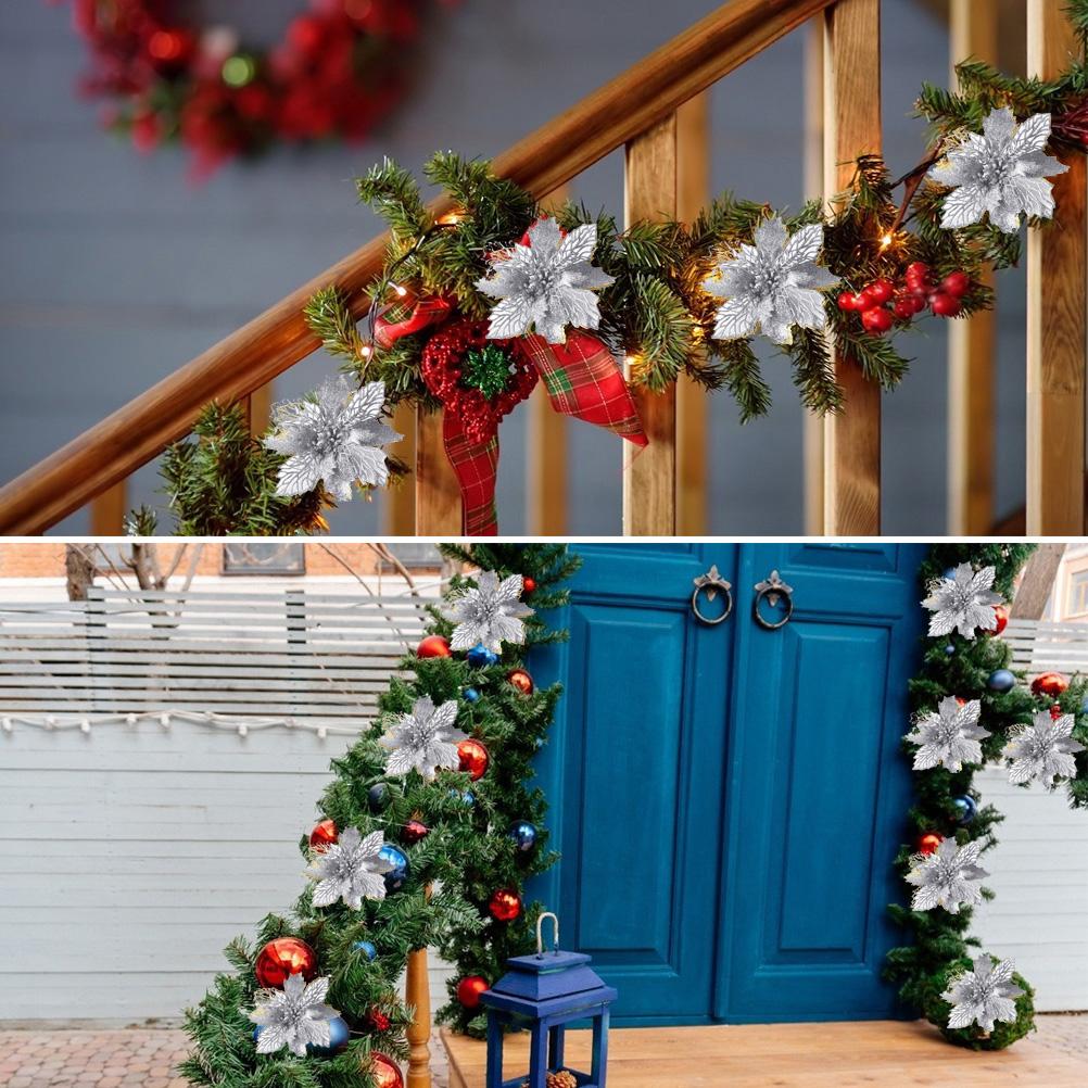 10 Weihnachtliche Deko-elemente, Glitzernde Blumen, Durchbrochene Blätter, Bastelzubehör, Silberfarben, 11 Cm