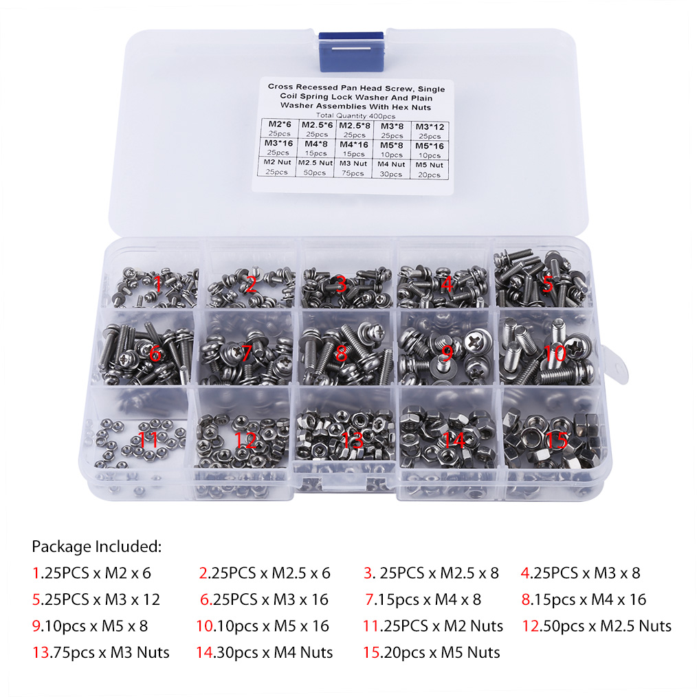 Satz Mit 400 Kombinationsschrauben Und -muttern Mit Phillips-hülsenkopf Aus Edelstahl 304 (m2, M2,5, M3, M4, M5)