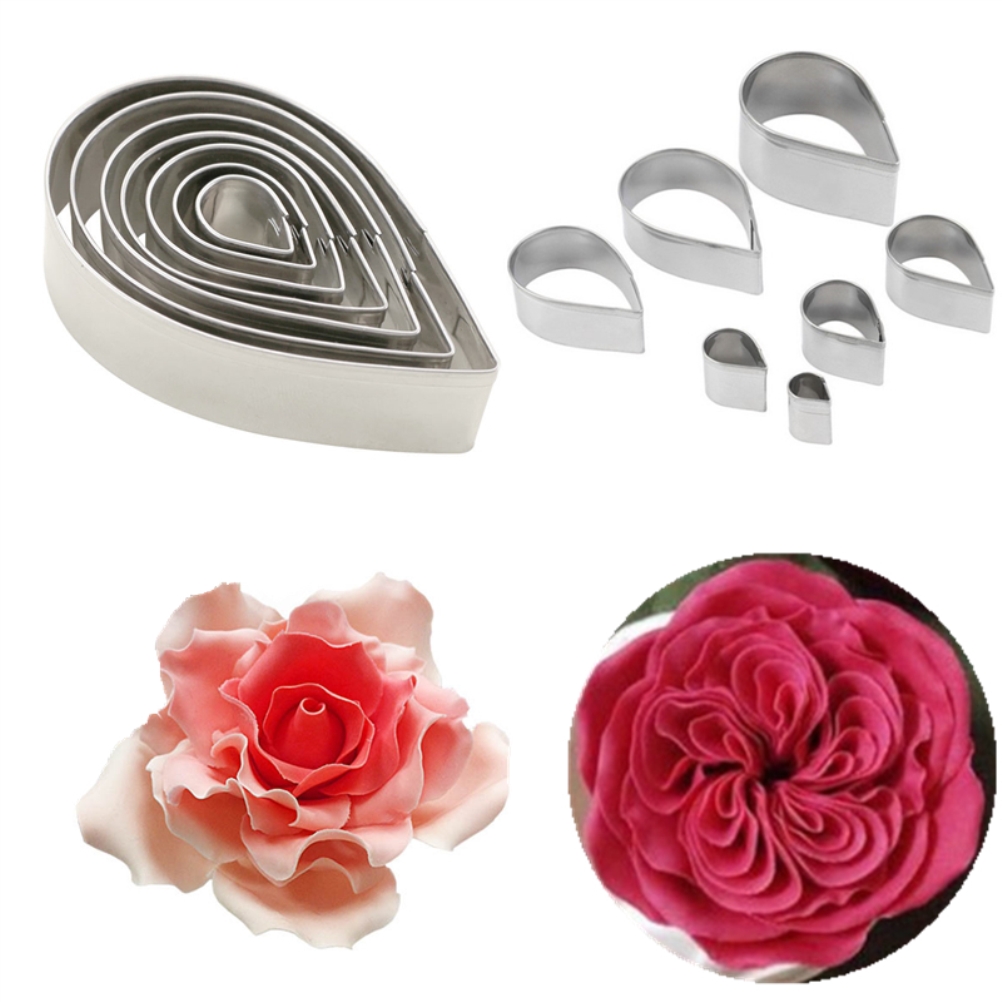Set Aus 7 Tropfenförmigen Fondantformen Aus Edelstahl, Rosenblattformen, Backutensilien, Silberfarben