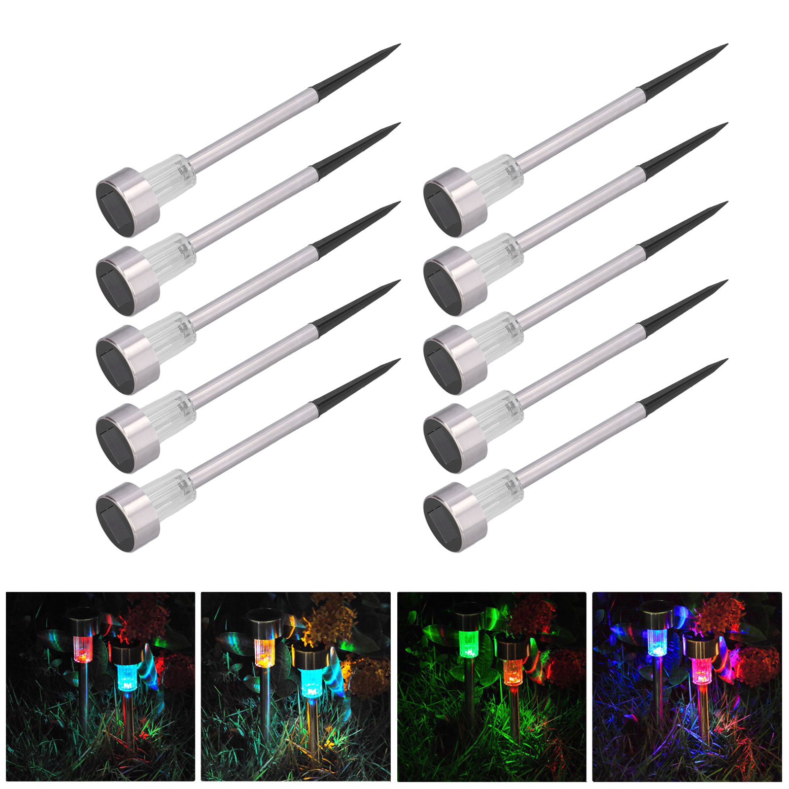 Set Mit 10 Solar-gartenleuchten, Siebenfarbige Edelstahl-landschaftsbeleuchtung, Intelligente Rgb-lichtsteuerung, Ip44 Wasserdicht, Für Zaun, Hof Oder Außenwand, 10er-set.