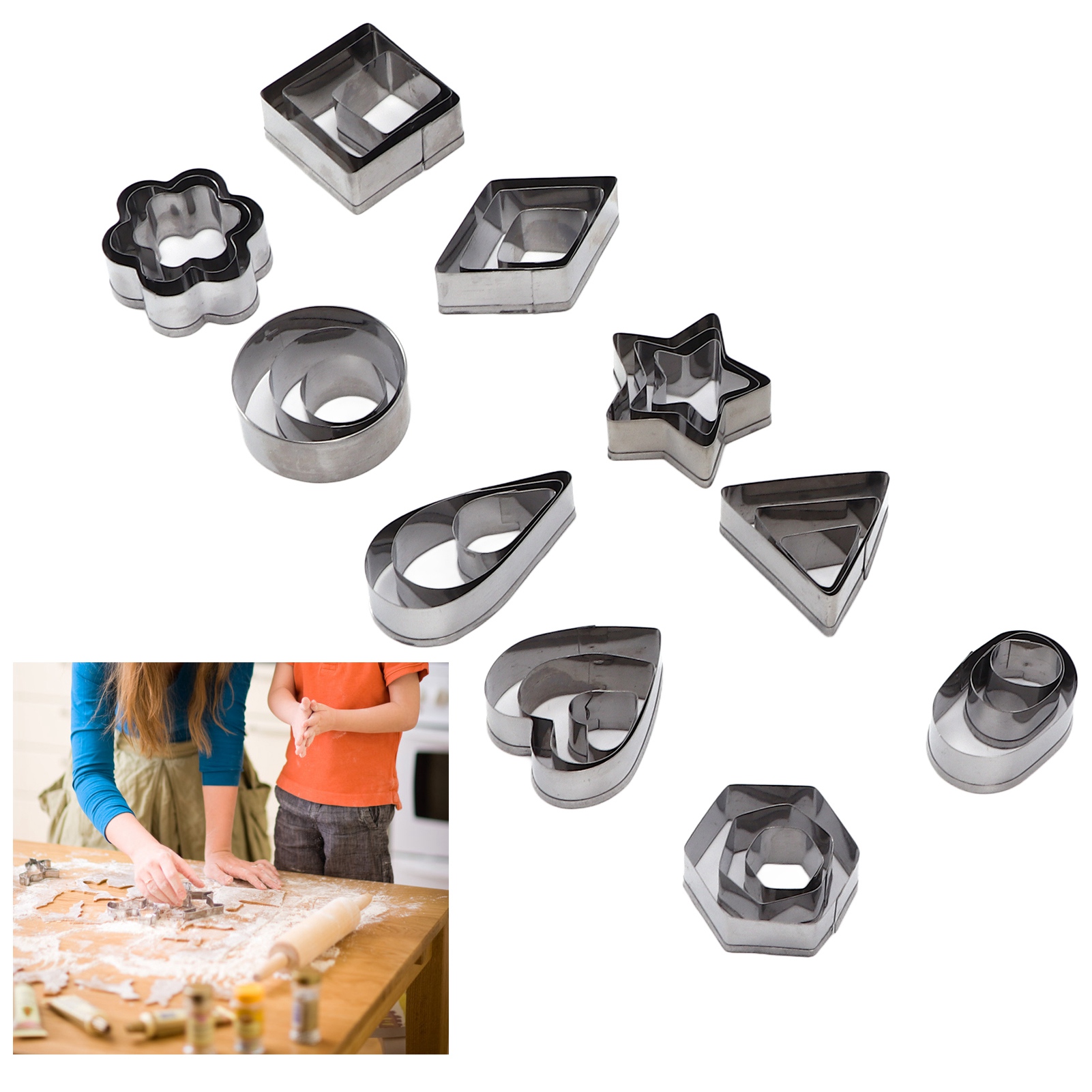 Set Mit 30 Mini-ausstechformen Aus Edelstahl In Geometrischen Formen Zum Backen, Darunter Formen Für Kekse, Kuchen Und Früchte.