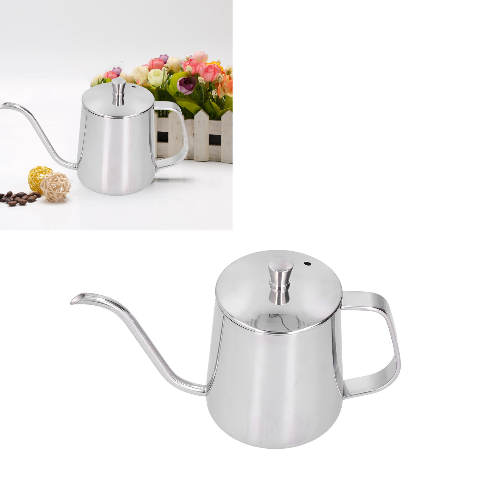 Wasserkocher Mit Filter Aus Edelstahl 304, Mit Deckel Und Tropffreiem Griff, Schlankem Ausguss, Langem Teflon-ausguss, Silberfarben, 350 Ml