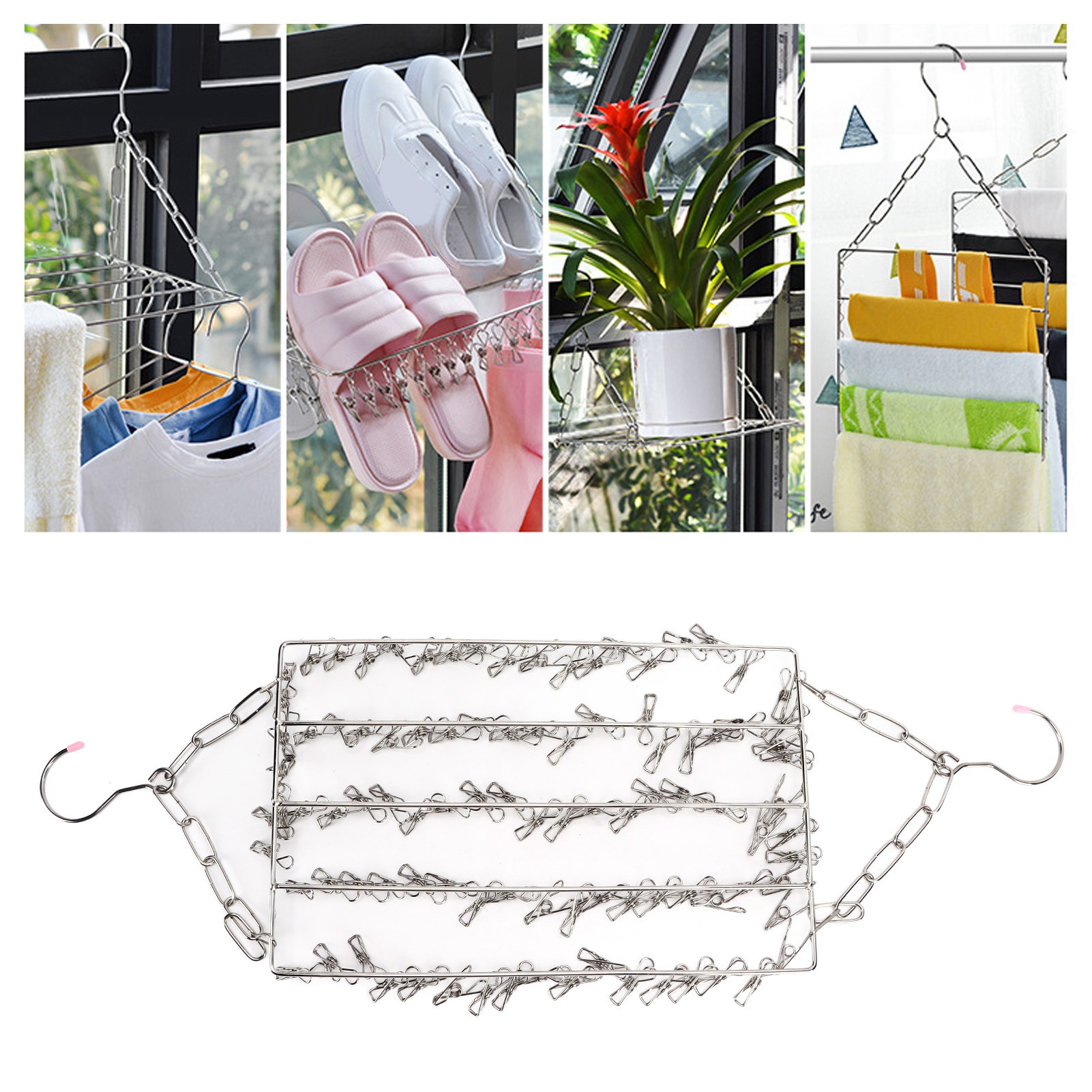 Multifunktionaler Wäscheständer Aus Edelstahl Für Balkone, Ideal Für Socken, Hosen Und Schuhe. Verstärkte Ausführung. 100 Klammern.