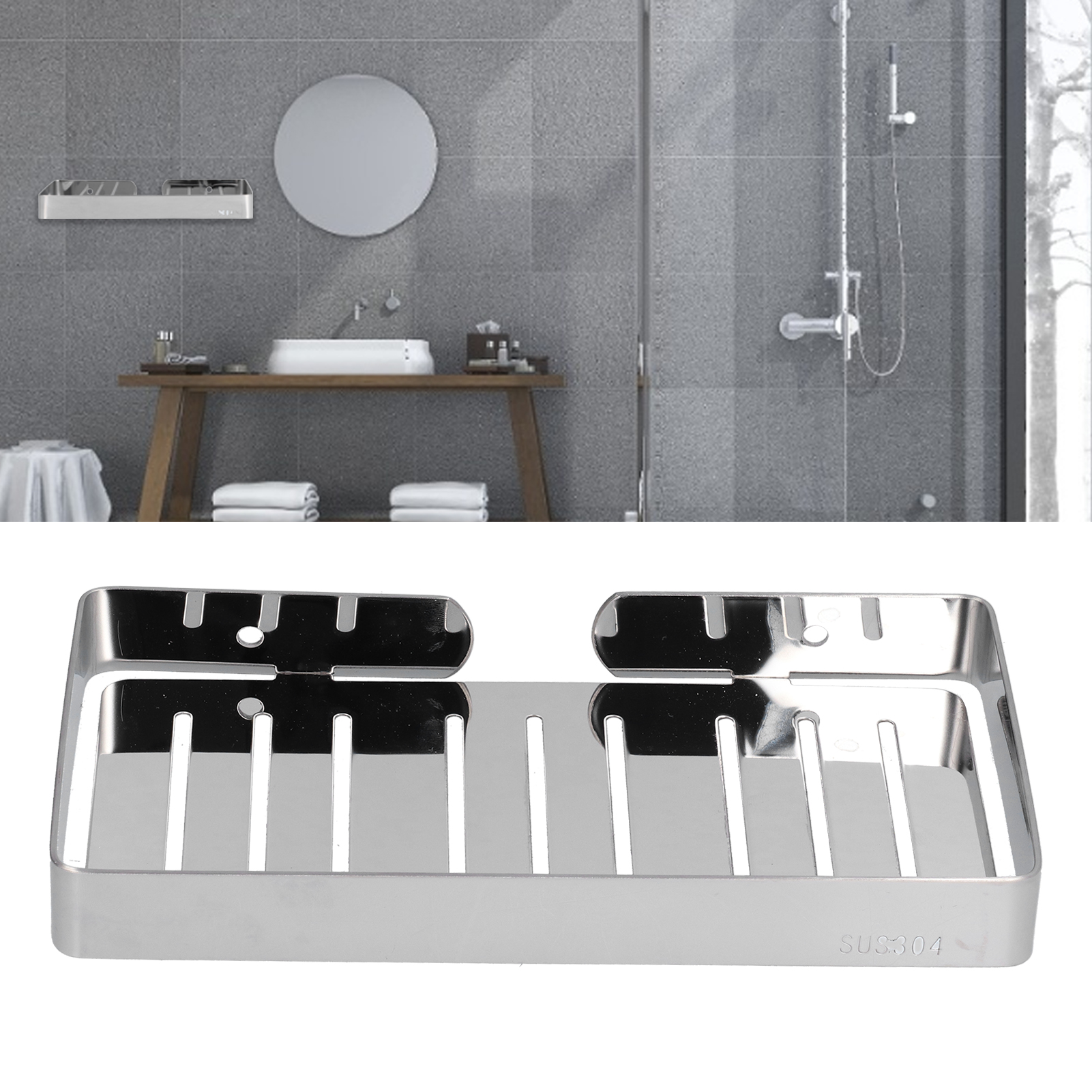Badezimmerregal Aus Edelstahl 304 Mit Spiegel, Seifenschale, Seifenbox, Wandmontiertem Seifenspender, Durchbrochenem Design, Selbstentleerend