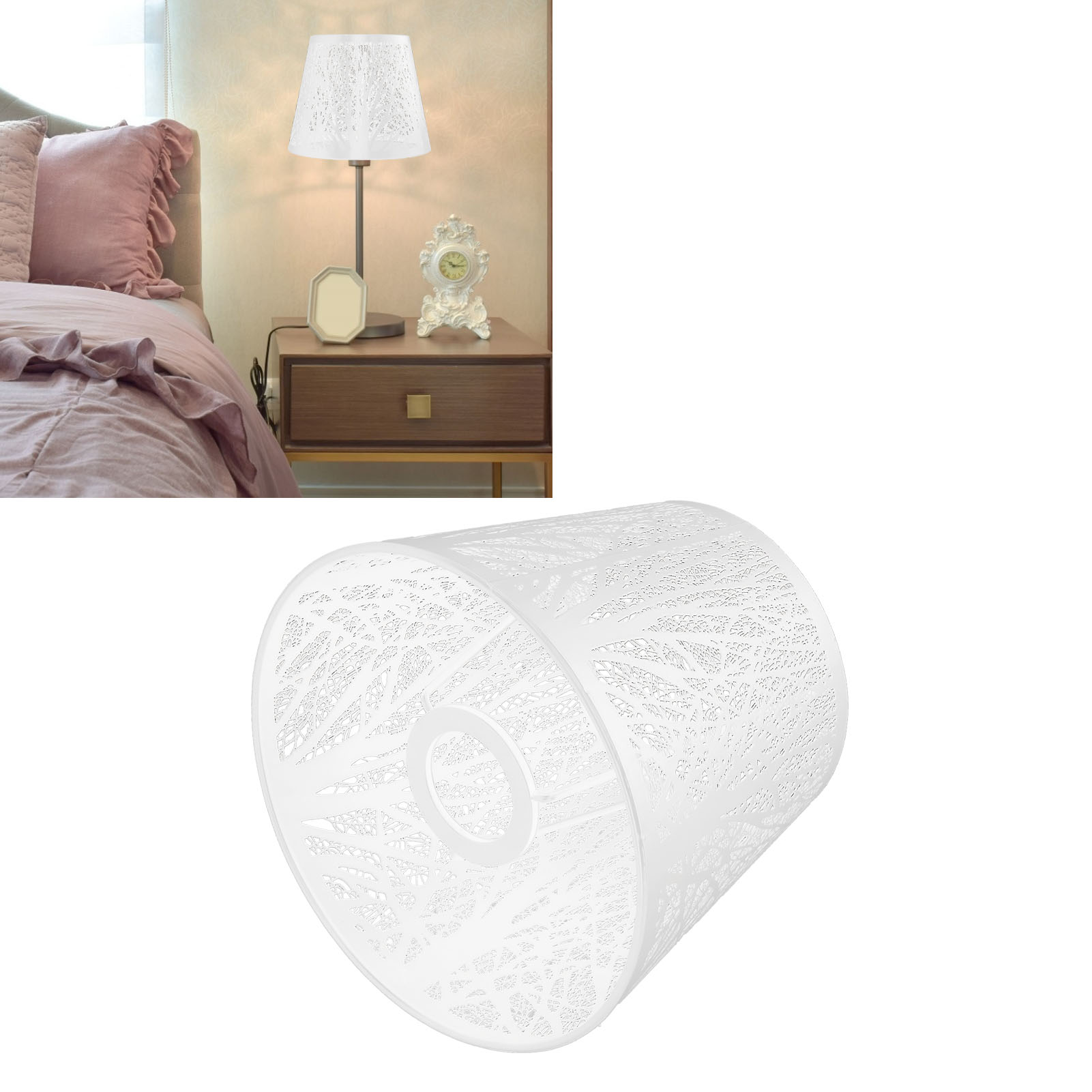 Lampenschirm Aus Schmiedeeisen (e27) Für Eine Kleine Tischlampe, In Form Eines Waldbaums Geschnitzt, Weiß, Fürs Schlafzimmer. Ideal Als Dekoration Für Eine Nachttischlampe.