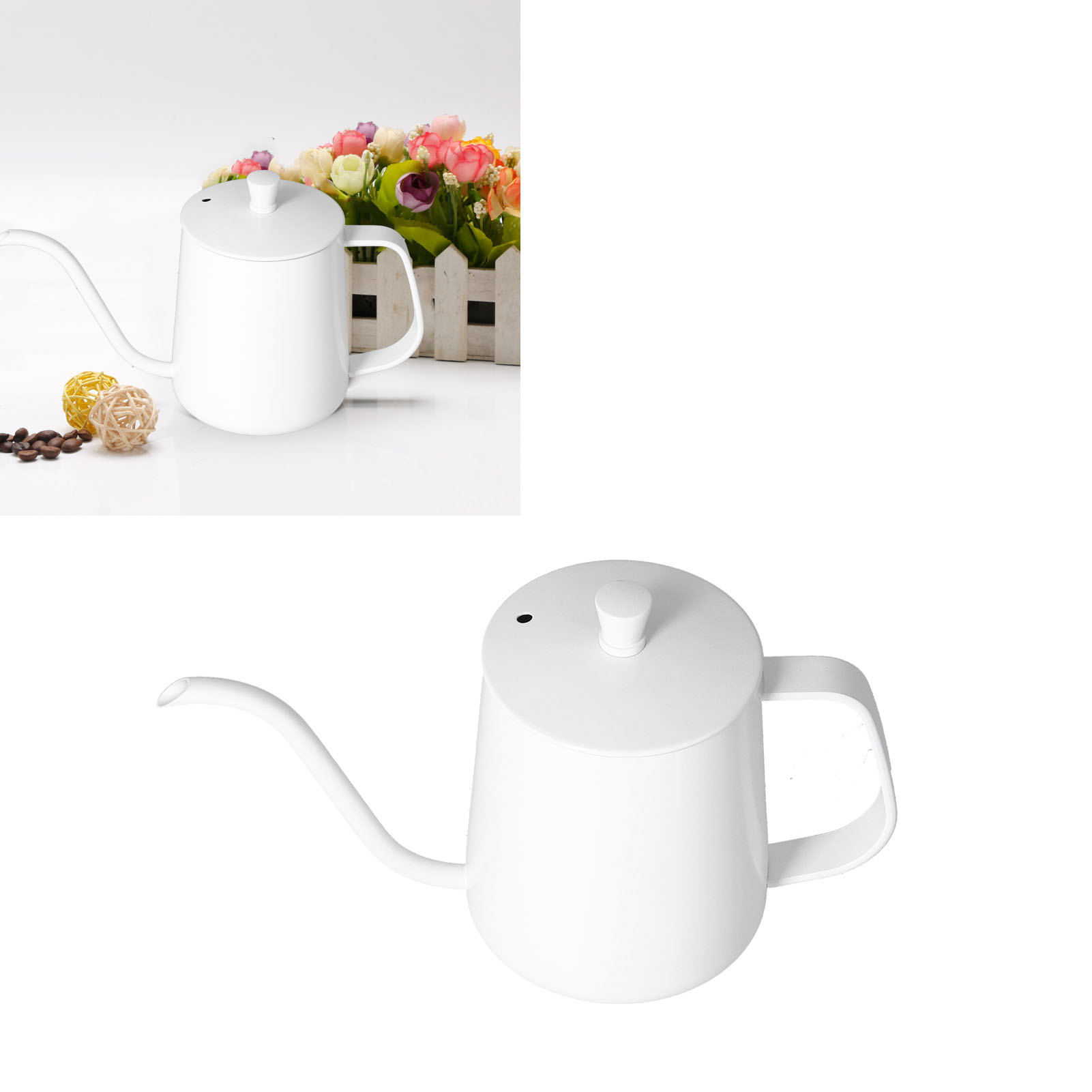 Wasserkocher Mit Filter Aus Edelstahl 304, Mit Deckel Und Tropffreien Griffen, Schlankem Ausguss, Langem Teflon-ausguss, Weiß, 600 Ml