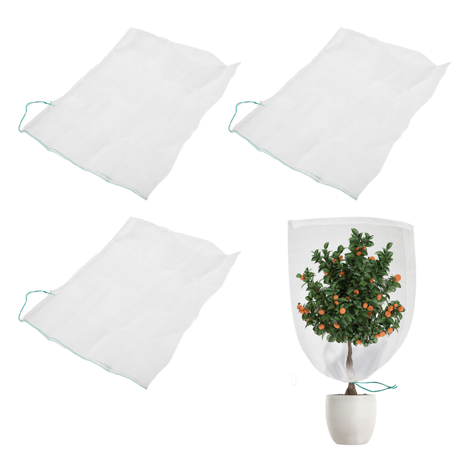 Set Mit 3 Insektenschutznetzen Für Pflanzen, Mit Grünem Kordelzug, Zum Schutz Von Setzlingen, Topfpflanzen Und Obstbäumen. Schutznetz Gegen Insekten Und Vögel, 105 X 140 Cm.