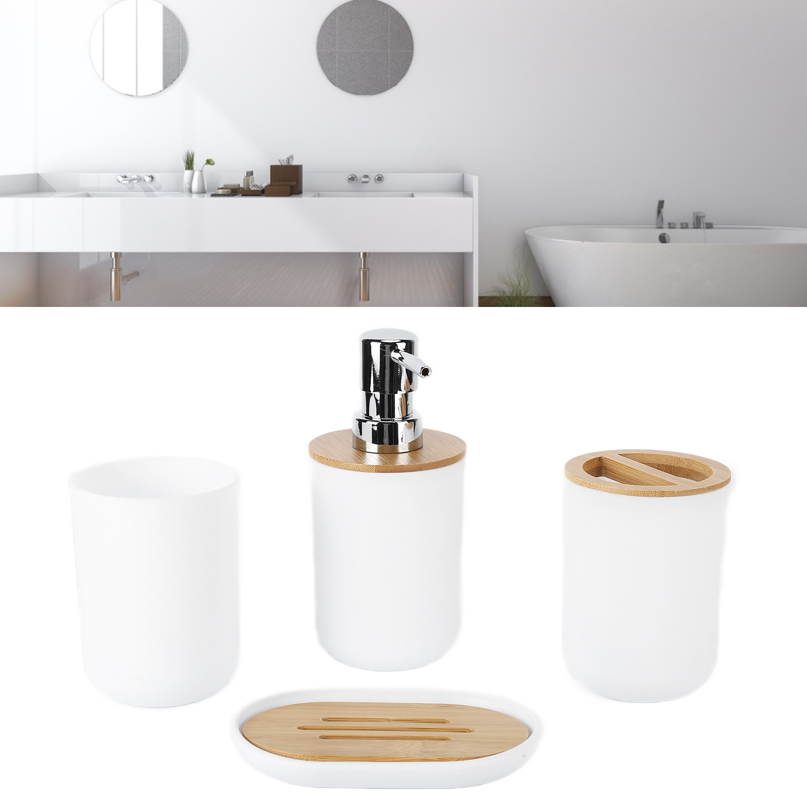 4-teiliges Hotelbadezimmer-set, Nordisches Bambus-badezimmer-set, Bambus-toilettenartikel, Kunststoff-zahnbürste, Weiß.