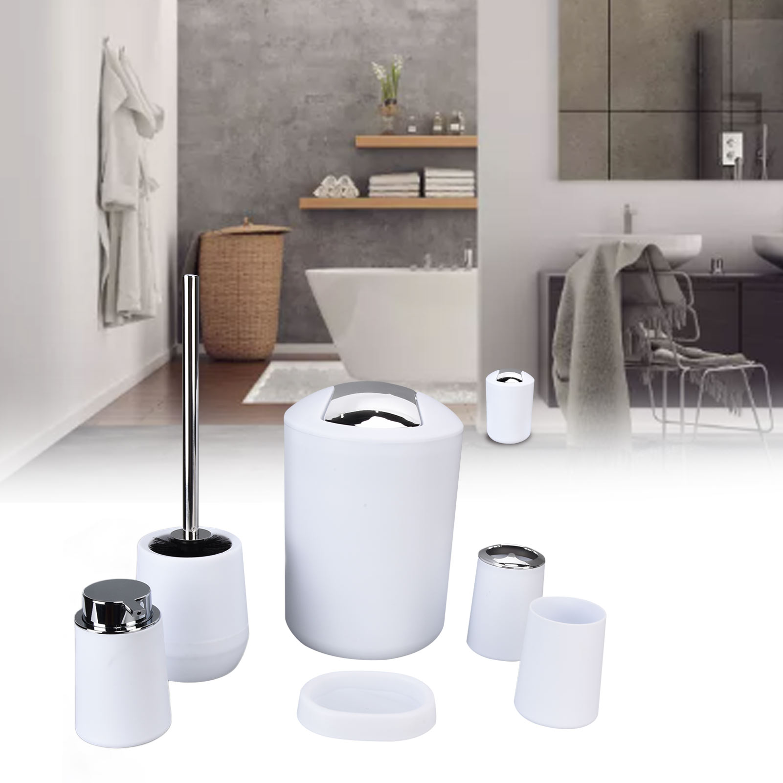 Sechsteiliges Badezimmer-set, Hotel-badezimmer-set, Galvanisierter Abfalleimer Mit Deckel, Zahnbürste, Becher, Seifenschale, Toilettenartikel, Weiß